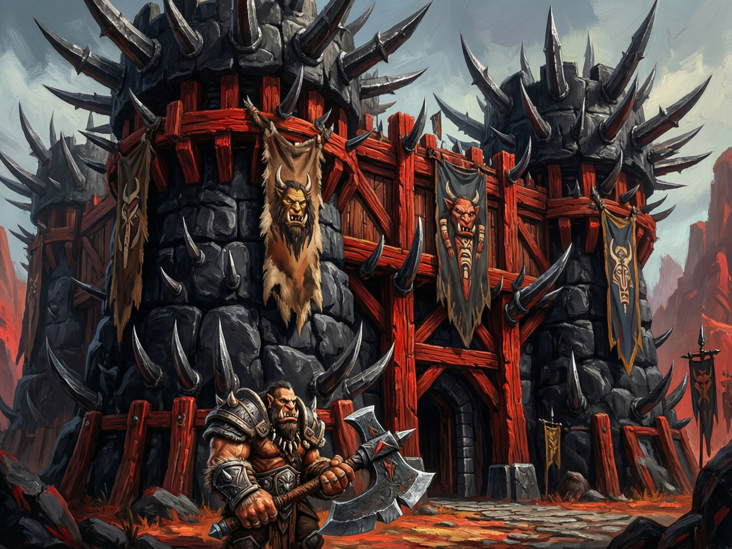 画面中展示了一座充满奇幻色彩的兽人风格要塞。整座建筑由粗犷的深灰色岩石和鲜红色的木质框架构成，城墙和塔楼上布满了巨大的黑色尖刺，显得威严且具有攻击性。要塞前方站着一名身材魁梧、皮肤偏棕色的兽人战士，他穿着厚重的金属肩甲，双手紧握一把巨大的双刃战斧。建筑上悬挂着几面绘有狰狞兽头图案的破旧旗帜，背景是荒凉的红色岩石山脉和阴沉的天空。画面整体色调以深灰、鲜红和土黄色为主，笔触带有明显的数字绘画质感。

在 AI 生成的细节方面，存在一些逻辑缺陷：兽人战士右手握住斧柄的位置与左手并不在一条直线上，且手指的结构略显模糊。城墙上的尖刺分布过于密集且透视关系稍显混乱，部分尖刺像是凭空浮动在木架边缘。此外，右侧背景中的旗帜与旗杆的连接处不够自然，旗面上的纹章图案左右不对称，呈现出一种扭曲的随机感。