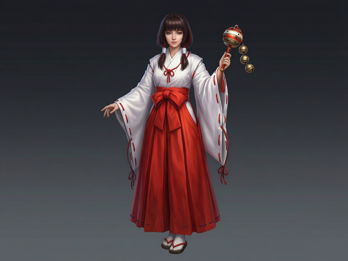 图中展示了一位身着日本传统巫女服饰的年轻女性，背景为纯净的深灰色。她留着齐刘海的长黑发，发尾扎成两个低马尾，面容清秀。她穿着经典的红白配色服饰：上身是宽袖的白色和服，腰间系着巨大的红色蝴蝶结，下身是垂感十足的红色袴裙，脚穿白色足袋和红带草履。她右手自然垂下，左手举着一把带有金色铃铛的神乐铃。画面色彩明亮，光影过渡细腻，呈现出一种庄重而宁静的角色设计感。

在 AI 生成的细节方面，存在几处明显的逻辑缺陷：首先是人物的右手，手指的结构显得有些扭曲且长度比例不自然；其次是左手握持神乐铃的方式，手指与手柄的衔接处显得模糊且结构混乱。此外，神乐铃上悬挂的三个小铃铛在空间透视上显得比较平面，缺乏真实的重力下垂感。衣服袖口处的红色缝线装饰在左右两边并不完全对称，且线条略显生硬。