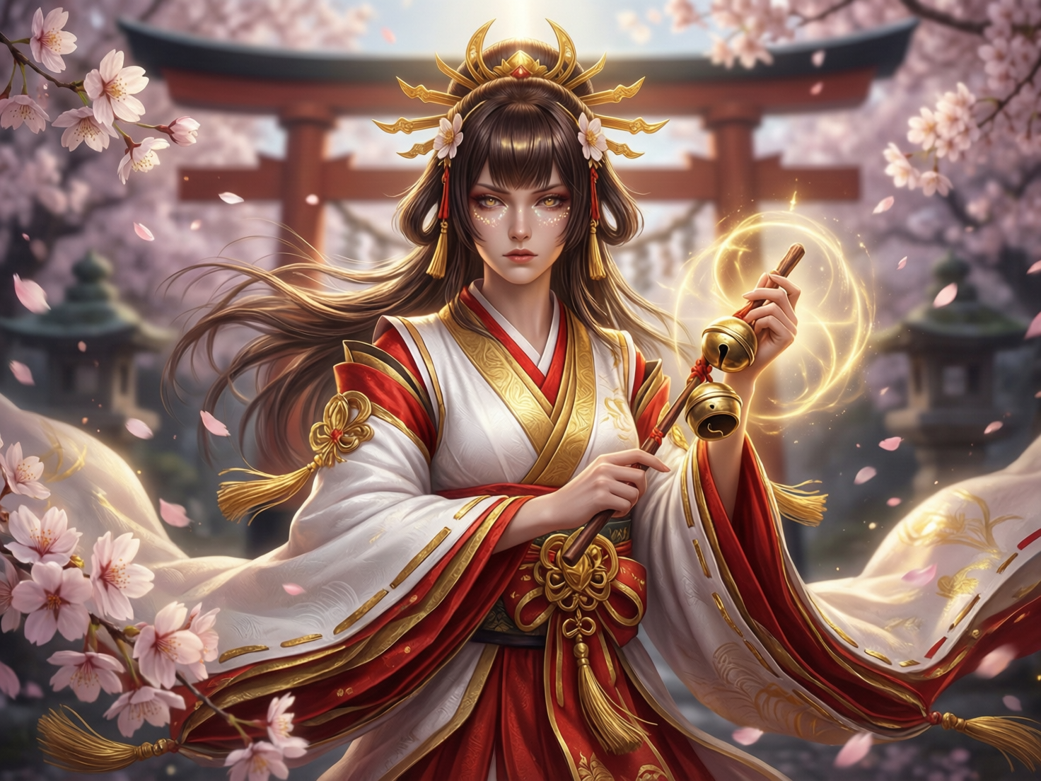 画面中展示了一位极具神性的年轻女性，她身着华丽的红白相间巫女服饰，站在樱花盛开的日本神社背景前。她头戴精致的金红色发冠，长发随风飘扬，眼神深邃且带有金色光芒。她双手握着一把挂有两个金色铃铛的神乐铃，铃铛周围环绕着一圈明亮的金色光效，仿佛正在进行某种祭祀仪式。背景中可以看到模糊的红色鸟居和石灯笼，漫天飞舞的粉色樱花瓣增添了唯美浪漫的氛围。整体色调明亮，充满了奇幻色彩。

在 AI 生成的细节方面，存在一些明显的逻辑缺陷：最突出的是人物的手部，右手握住木杆的位置与左手持握的姿势在透视上显得僵硬且不自然，手指的关节连接处略显模糊。此外，神乐铃上的金色光圈与手部的遮挡关系处理得不够真实，光效像是直接叠加在手指上方。背景中的鸟居横梁与立柱的衔接处也存在轻微的结构不对称。