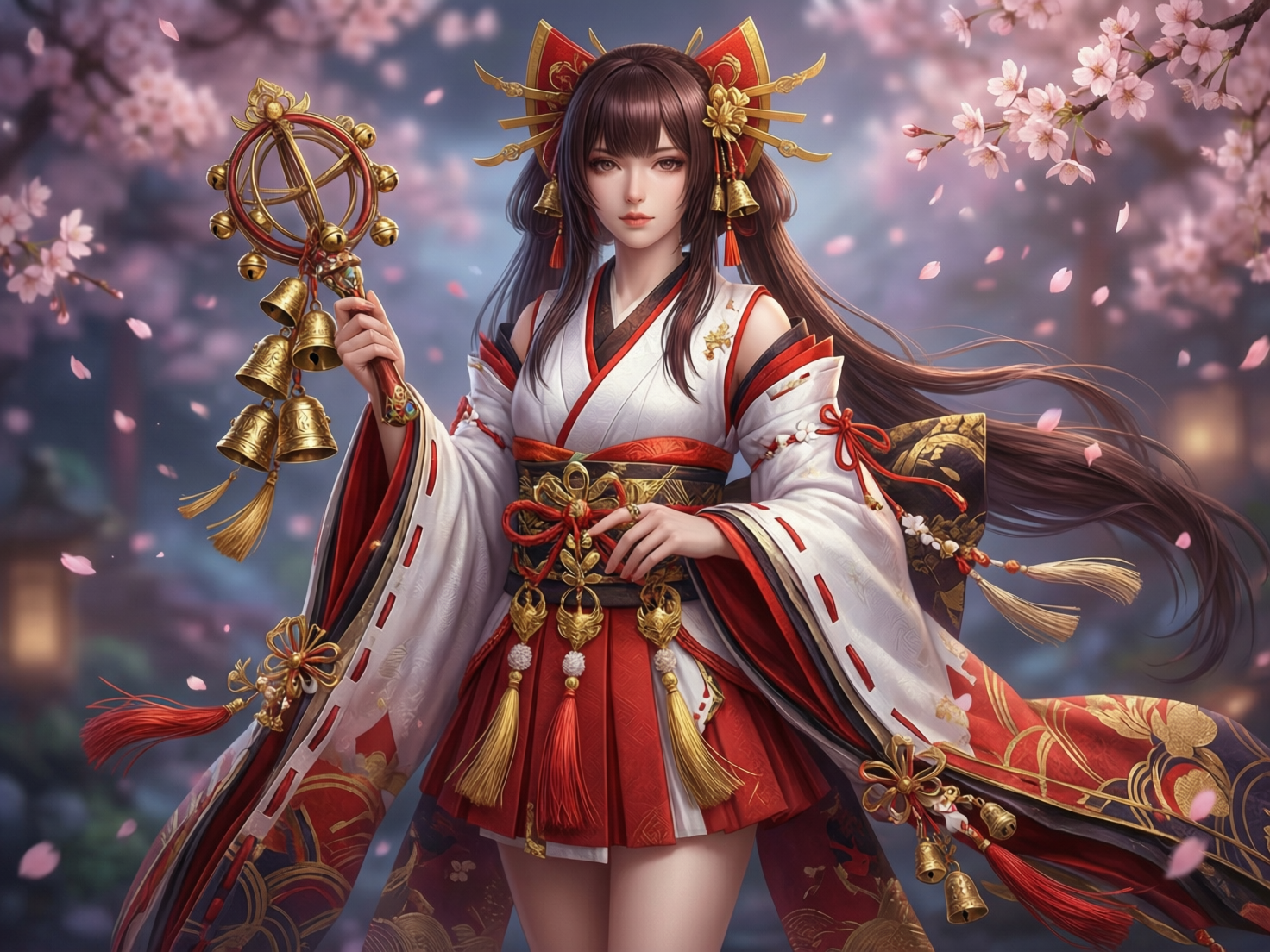 图中展现了一位身着华丽红白和服的年轻女性，她站在漫天飞舞的粉色樱花树下，整体呈现出唯美的日式奇幻风格。女子留着深棕色长发，头戴精致的红色蝴蝶结与金色发饰，右手高举一把挂满金色铃铛的神乐铃，左手轻抚腰间的结绳。背景是朦胧的樱花林与古朴的石灯笼，色彩以红、白、金为主，视觉效果华丽且充满动感。然而，画面存在明显的 AI 生成缺陷：女子右手握住神乐铃的方式不自然，手指线条模糊且数量异常；左手的指节结构扭曲，显得生硬。此外，神乐铃顶部的圆环结构透视混乱，金属线条相互穿插，缺乏合理的物理逻辑。腰间的复杂装饰物也存在线条断裂和纹理重叠的问题。