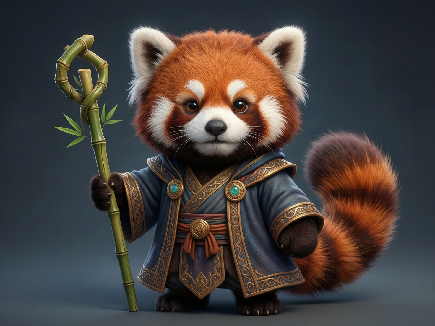 画面中呈现了一只拟人化的小熊猫，它正以站立姿态位于深灰色的极简背景前。这只小熊猫拥有蓬松的红褐色毛发，面部带有标志性的白色花纹，眼神明亮，神情温和。它身着一套精致的深蓝色中式长袍，边缘装饰着复杂的金色刺绣纹样，腰间系着带有金属饰物的红色腰带，整体造型宛如一位小小的修行者或法师。它的右手握着一根由青绿色竹子制成的法杖，杖顶呈环形设计并点缀着几片绿叶。它的身后拖着一条粗壮且毛茸茸的环状花纹大尾巴。

在 AI 生成的细节方面，存在一些明显的逻辑缺陷：首先是小熊猫握持法杖的右手，手指的结构模糊且数量异常，看起来更像是一个毛茸茸的圆球直接嵌入了竹竿中；其次，左手的袖口处没有露出明显的手掌部分，显得结构缺失；此外，竹质法杖顶端的环形生长方式违背了自然植物的生长规律，呈现出一种扭曲的塑料感。尽管如此，画面的整体色彩和谐，质感细腻。