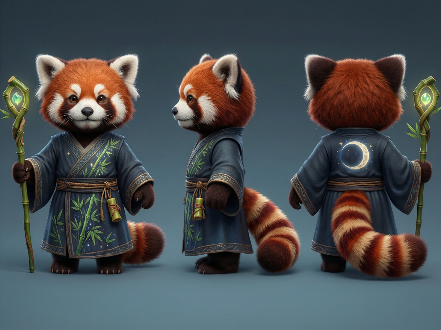 图中展示了一只拟人化的小熊猫法师的三视图，背景为纯净的深蓝色。这只小熊猫拥有红褐色的蓬松毛发、白色的眉斑和标志性的环状花纹大尾巴。它穿着一件精致的深蓝色中式长袍，袍子上绣有翠绿的竹子图案，腰间系着草绳，并挂着一个小竹筒。它手中握着一根由竹节制成的法杖，顶端镶嵌着一颗发光的绿色宝石。画面分为正面、侧面和背面三个视角，背面长袍上印有一个明亮的月亮图案。

在 AI 生成的细节方面，存在一些明显的逻辑缺陷：首先是法杖的持有方式，正面视角中法杖位于身体右侧，而背面视角中法杖却出现在了左侧，且手部与法杖的握持姿势显得生硬模糊。其次，侧面视角的小熊猫没有手持法杖，且其尾巴的连接位置略显突兀。此外，长袍上的竹子刺绣在不同视角下分布不一致，缺乏空间连续性。整体画风细腻，呈现出一种奇幻可爱的角色设计感。