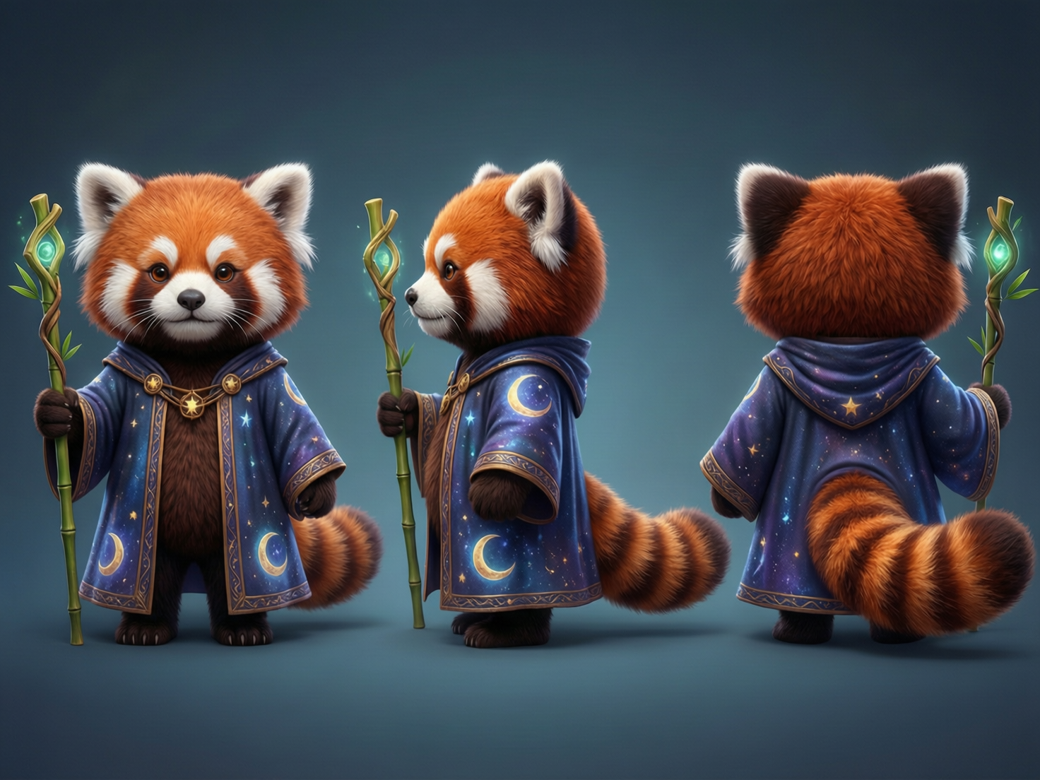 图中展示了一只拟人化的小熊猫法师的三视图，包括正面、侧面和背面。这只小熊猫拥有蓬松的红褐色毛发、白色的眉斑和标志性的环纹大尾巴。它穿着一件深蓝色的法师长袍，袍子上点缀着金色月亮、星星和星云图案，边缘装饰有精致的金色刺绣。它手中握着一根由青绿色竹节缠绕而成的法杖。背景是简洁的纯灰蓝色，构图整齐，光影柔和。

在 AI 生成细节方面，画面存在明显的逻辑缺陷：首先是法杖的持有方式，正面视图中法杖穿过了手掌，而背面视图中法杖悬浮在手部后方，并未被真正握住。其次，小熊猫的爪子结构模糊，呈现出不自然的肉球状，缺乏清晰的指节。此外，长袍上的星月图案在不同视角下并不完全一致，背面长袍下摆为尾巴预留的开口处，布料纹理与结构显得有些生硬和不连贯。
