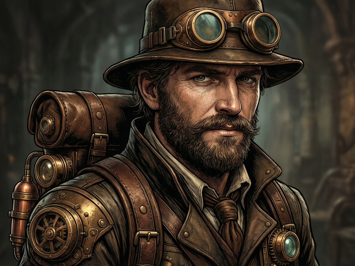 图中展现了一位具有蒸汽朋克风格的中年男性探险家。他拥有深邃的眼神、浓密的胡须和饱经风霜的面容，头戴一顶棕色皮质圆顶帽，帽子上架着一副巨大的古铜色防风护目镜。他身穿厚重的棕色皮质外套，领口系着暗色领巾，背着一个结构复杂的机械背包，背包上可见铜管、压力表和齿轮等金属零件。整体色调以古铜、深棕和墨绿为主，光影深沉，营造出一种怀旧且神秘的工业时代氛围。背景是模糊的暗色调建筑内部，隐约可见拱门结构。在 AI 生成细节方面，画面存在明显的逻辑缺陷：人物右肩上的机械装置结构混乱，齿轮与皮带的连接不符合物理常识；护目镜的镜片反光不一致，且左侧镜框边缘与帽子衔接处显得生硬模糊；此外，背包上的金属管道走向突兀，缺乏明确的支撑点。