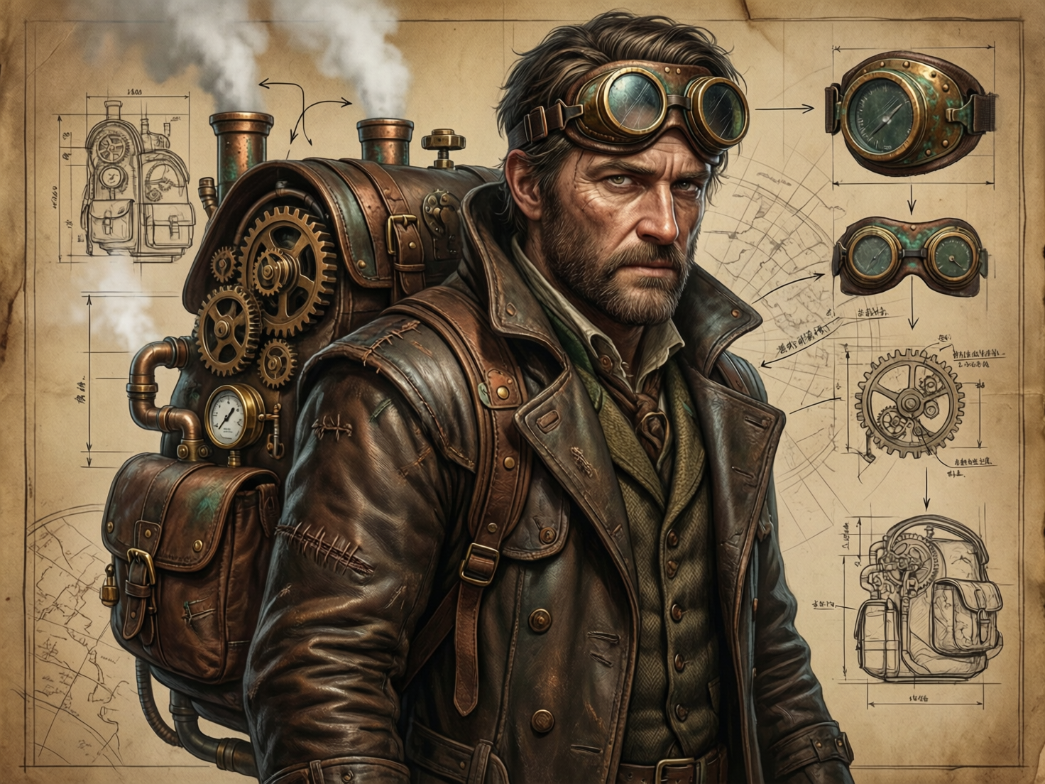 图中展示了一幅蒸汽朋克风格的艺术作品，背景是泛黄的复古设计草图。画面中心是一位神情严肃的中年男性发明家，他留着深色短发和浓密的胡须，额头上戴着一副带有黄铜边框的飞行护目镜。他身穿一件质感粗糙、带有缝补痕迹的深棕色皮大衣，内搭绿色背心。最引人注目的是他背负着一个巨大的金属背包，上面布满了精密齿轮、压力表和正在冒出白色蒸汽的铜管，整体色调以古铜色、棕色和墨绿色为主，充满了工业时代的机械美感。

作为一张 AI 生成的图片，画面中存在一些明显的逻辑缺陷：背景中的手绘草图包含大量无法辨认的乱码文字，线条指向模糊。人物右侧展示的护目镜拆解图与他头上戴的实物在结构上并不完全一致。此外，背包左侧的齿轮咬合关系显得杂乱且不符合物理常识，部分管道的连接处透视关系略显生硬，缺乏实际的机械联动逻辑。