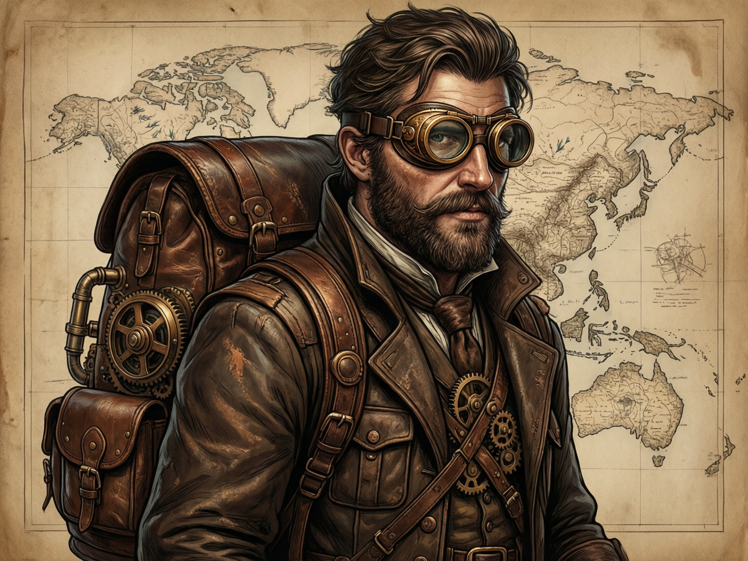 图中展现了一位充满蒸汽朋克风格的中年男性探险家。他拥有深褐色的乱发和浓密的胡须，眼神深邃。他头戴两副护目镜，一副架在额头，另一副戴在眼部，镜片呈现出金属与玻璃的质感。他身穿棕色皮革外套，背着一个巨大的皮质背包，包上装饰着复杂的黄铜齿轮和管道。背景是泛黄的旧纸张，上面绘有精密的机械齿轮图纸和类似地图的线条，整体色调以古朴的棕色、金色和米色为主，营造出一种维多利亚时代的工业奇幻感。在 AI 生成的细节方面，画面存在明显的逻辑缺陷：人物眼部重叠佩戴了两副结构相似的护目镜，显得有些冗余；背包上的齿轮分布杂乱，缺乏实际的机械传动逻辑；背景中的文字和线条模糊不清，属于无意义的符号堆砌。此外，人物左侧肩膀处的皮革带子与背包的连接方式在透视上略显生硬。