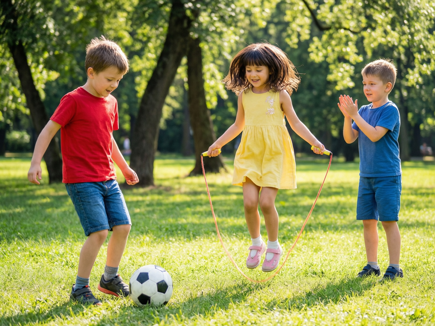 图中展示了一个阳光明媚的公园绿地，三名年约五六岁的儿童正在草坪上愉快地玩耍。画面中央是一名穿着黄色无袖连衣裙的小女孩，她正跳起在半空中练习跳绳，头发随风飞扬；左侧是一名穿着红色T恤和牛仔短裤的小男孩，正低头踢着一个黑白相间的足球；右侧则是一名穿着蓝色套装的小男孩，正拍手欢笑。背景是郁郁葱葱的树木，阳光透过叶缝洒下斑驳的光影，整体色调明亮温暖。

然而，画面中存在多处明显的 AI 生成缺陷：首先，中间女孩手中的跳绳逻辑混乱，绳子并没有连贯地绕过身体，而是断裂并扭曲地悬浮在空中，且她的右手手指数量异常，显得模糊。其次，右侧拍手男孩的双手交叠方式极不自然，手指细长且结构畸形。此外，左侧踢球男孩的左脚脚踝处透视异常，与足球的位置关系显得生硬，草地上也缺乏自然的阴影投射。