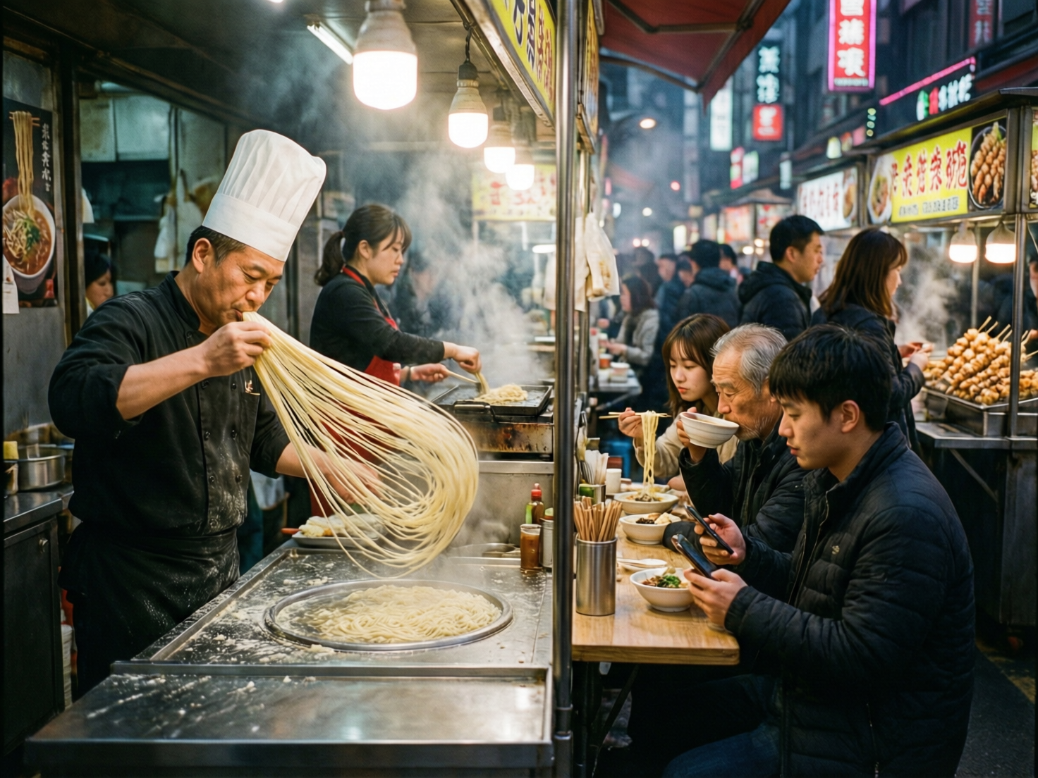 画面中展示了一个热闹非凡的亚洲夜市摊位，充满了烟火气息。左侧一位穿着黑色厨师服、戴着高白帽的厨师正在表演拉面，他手中挥舞着一大把呈环状散开的黄色面条，面条在空中划出动感的弧线。摊位上方挂着几盏明亮的白炽灯，背景中热气腾腾，许多食客坐在简陋的木质长桌前用餐，街道远处的霓虹灯招牌闪烁，营造出一种拥挤而温馨的都市夜生活氛围。

然而，画面中存在明显的 AI 生成缺陷。最显著的是厨师的动作极不自然，面条的一端似乎直接从他的嘴里伸出，且他的手部与面条的连接处结构混乱。右侧前景中，一名正在看手机的年轻男子的手指出现了严重的重叠和扭曲，显得非常畸形。此外，背景中摊位的招牌文字模糊不清，呈现出无意义的乱码符号。整体构图虽然生动，但这些细节上的逻辑错误揭示了其 AI 生成的本质。