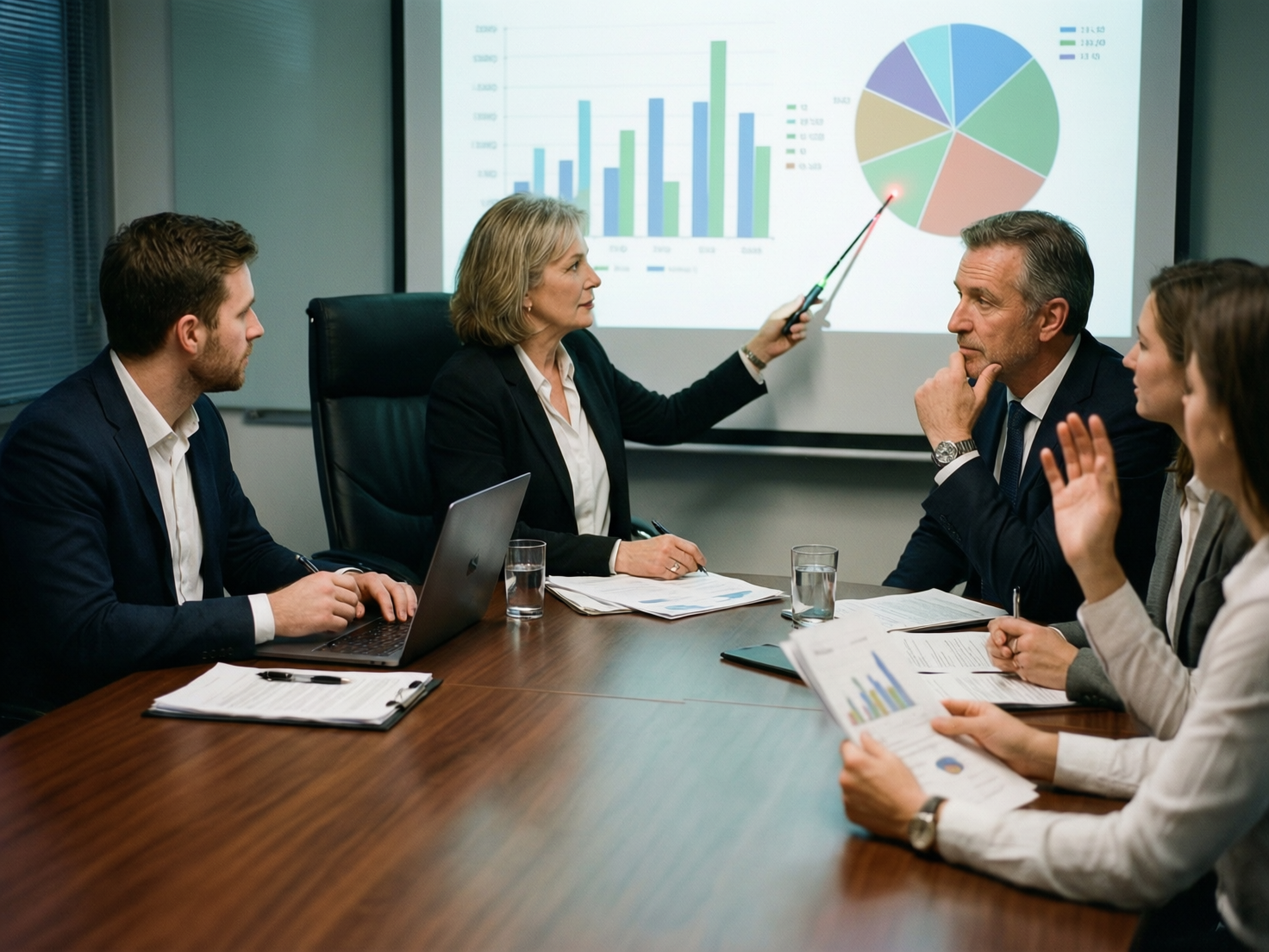 画面中展示了一个现代化的会议室场景，五名身着商务正装的男女正围坐在棕色木质会议桌旁讨论。背景是一个大型投影屏幕，上面显示着彩色的柱状图和饼图。一位金发中年女性站立着，正用红色激光笔指向屏幕上的数据，其他成员则在倾听或记录。室内光线柔和，整体色调以深蓝、白和木色为主，营造出专业的办公氛围。

然而，画面中存在多处明显的 AI 生成缺陷：首先，演讲女性右手持握的激光笔形状扭曲，且笔尖并未与屏幕上的红点对齐；其次，左侧男性的左手手指数量和结构异常，显得模糊且不自然；右侧坐着的男性右手托腮时，手指与下巴的衔接处逻辑混乱；最明显的错误在于右下角，一名女性举起的右手只有四根细长且扭曲的手指，且其左手拿着的纸张边缘与手臂融合。此外，投影幕布上的文字和图表标签均为无法辨认的乱码，缺乏实际含义。