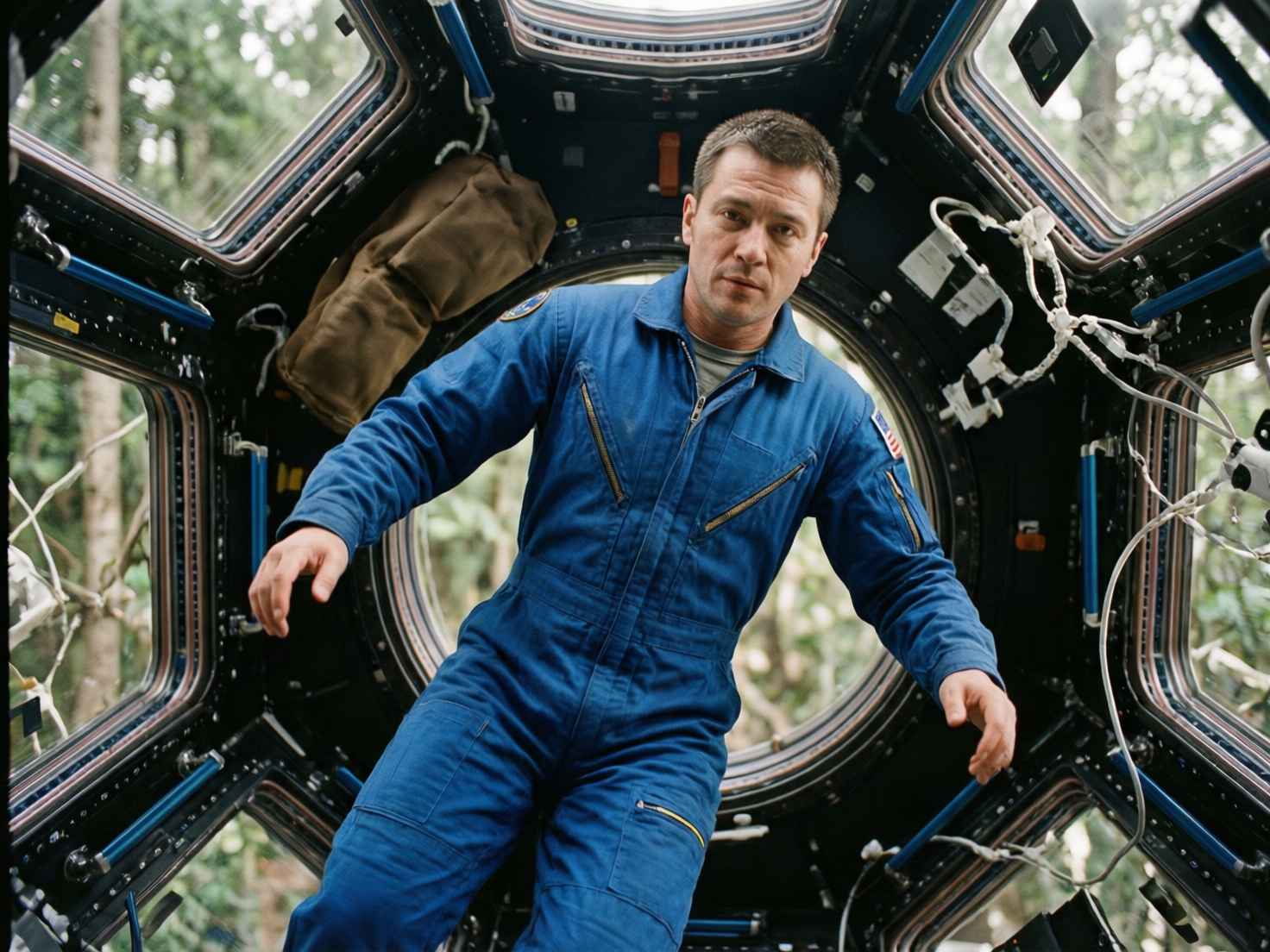 图中展示了一位身穿蓝色连体飞行服的中年男性宇航员，他正处于一个类似空间站穹顶舱的环形窗户空间内。画面构图以人物为中心，四周环绕着多个观察窗。宇航员神情严肃，双臂略微张开，仿佛漂浮在微重力环境中。舱体内部充斥着复杂的机械结构、电缆和金属框架，色调以深灰和金属蓝为主。然而，窗外的景象并非深邃的太空，而是郁郁葱葱的绿色森林，这种环境的强烈反差暗示了场景的超现实性。

在 AI 生成细节方面，存在明显的逻辑和解剖学缺陷：最显著的是宇航员的右手（画面左侧），手指数量异常且形状扭曲，看起来像是有六根手指或指关节融合；左手（画面右侧）的结构也显得模糊且不自然。此外，背景中森林的透视关系与窗户框架的衔接处略显生硬，部分电缆的走向在空间中缺乏合理的物理连接，呈现出一种杂乱的堆砌感。