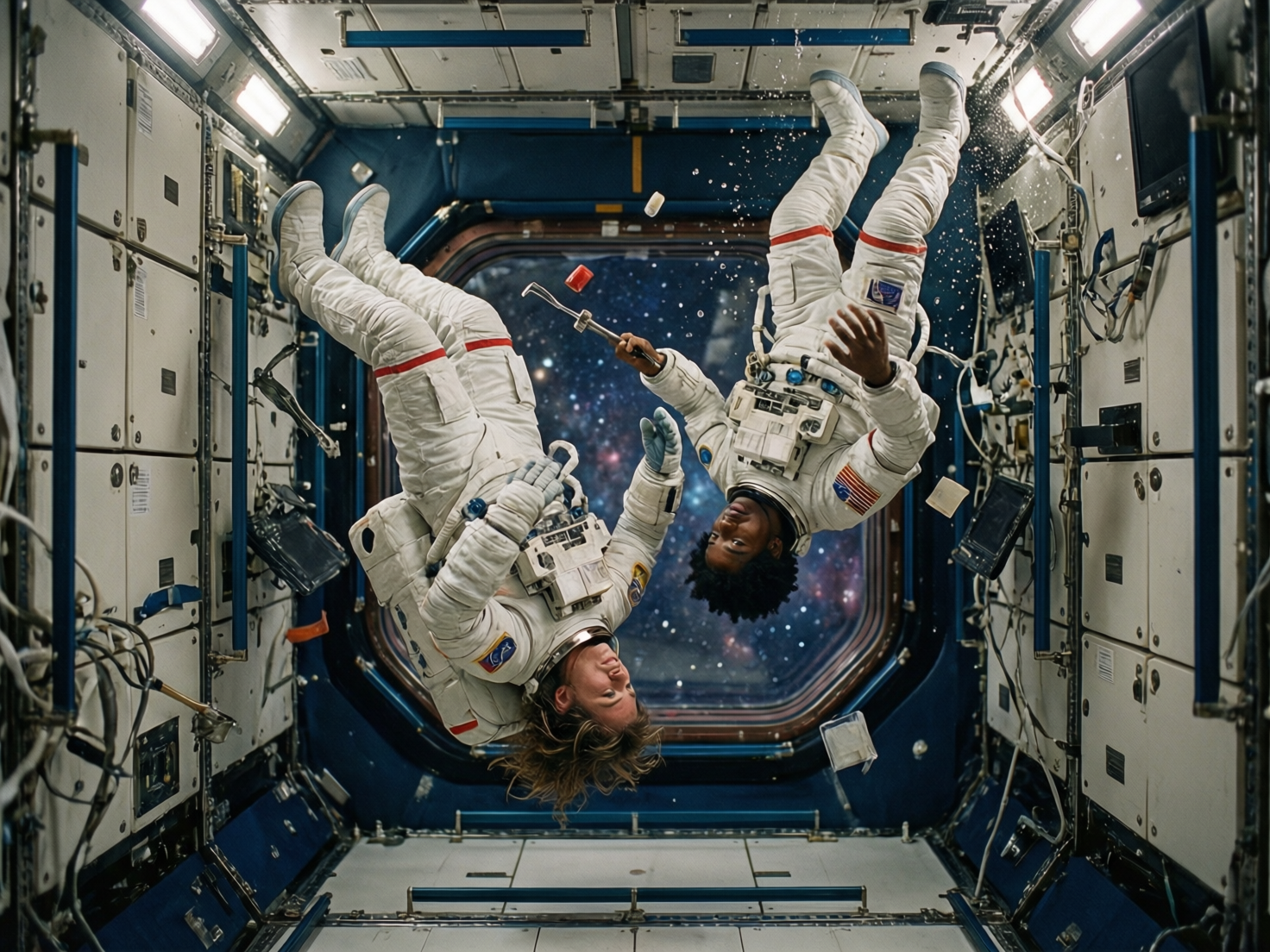 图中展示了国际空间站内部的景象，两名宇航员正处于失重状态下漂浮。画面中心是一扇巨大的圆形观测窗，透出深邃璀璨的星空背景。左侧是一位浅色长发的女性宇航员，她头朝下倒挂着；右侧是一位深色卷发的男性宇航员，身体呈倾斜姿态。两人都穿着带有红色条纹的白色厚重宇航服，周围还漂浮着一些细小的碎片和工具。空间站内部充满了白色的储物柜、复杂的电缆和金属支架，整体色调以冷白和深蓝为主，构图呈现出一种奇幻的倒置感。

在 AI 生成细节方面，画面存在明显的逻辑错误和缺陷：两名宇航员在舱内都没有佩戴头盔，且女性宇航员的长发并未像在真实失重环境下那样向四周散开，而是显得较为顺滑。右侧男性的右手手指结构模糊且扭曲，左手则缺失了部分手指。此外，他手中握持的金属工具形状怪异，不符合实际物理结构。背景窗户边缘的透视也略显生硬，与舱体结构的衔接不够自然。