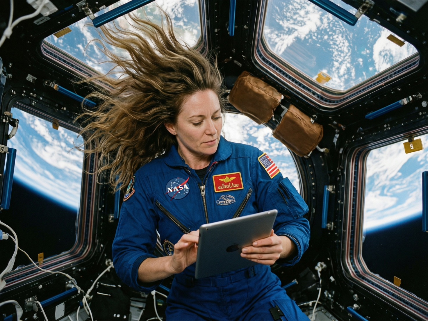 图中展示了一位女性宇航员身处国际空间站的穹顶舱内，正低头操作手中的平板电脑。她穿着一件深蓝色的宇航服，胸前贴有 NASA 标志、美国国旗及其他任务徽章。她棕色的长发在失重环境中向上飘散，显得蓬松而凌乱。背景是空间站标志性的多扇舷窗，窗外可以清晰地看到地球的大气层、白云以及深邃的太空边缘。画面构图紧凑，光线明亮且自然。然而，图中存在明显的 AI 生成缺陷：宇航员右手的手指形态扭曲，食指与中指的连接处显得不自然；左手握持平板的方式也略显僵硬。此外，宇航服上的部分文字和徽章图案模糊不清，呈现出无法辨认的乱码，平板电脑背部的标志也并非真实的品牌 Logo，而是模糊的黑色圆点。