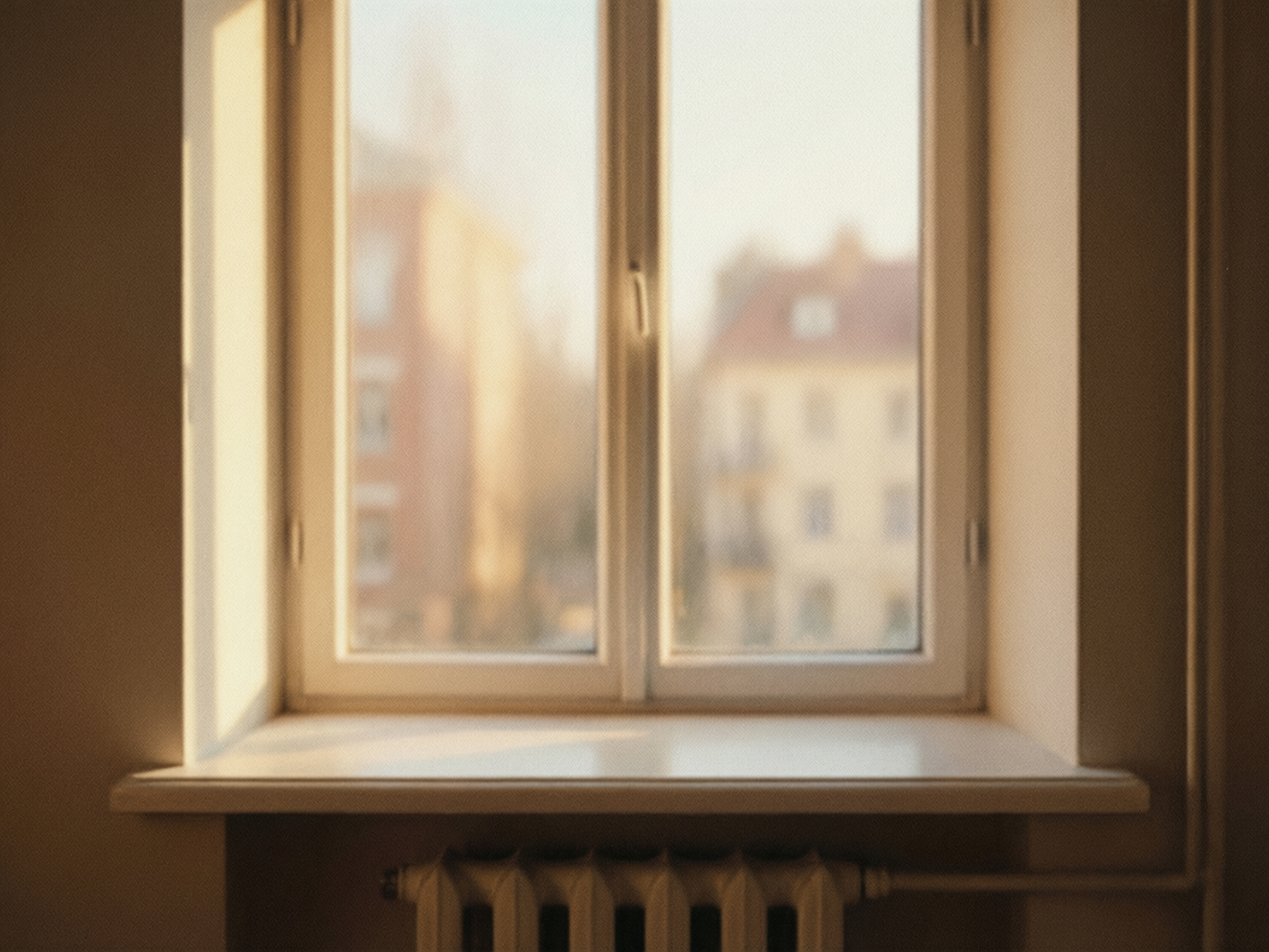 图中展示了一个室内窗台的近景，阳光透过白色的双扇窗户洒入室内，营造出一种温暖、宁静的午后氛围。画面中心是一个洁白的窗台，下方安装着老式的暖气片，右侧有一根垂直延伸的管道。透过窗户玻璃，可以看到户外被虚化的欧式建筑，色调以柔和的米黄色和砖红色为主。整体构图对称，光影对比自然，给人一种怀旧的电影质感。

在 AI 生成的细节方面，存在一些逻辑和透视上的瑕疵：首先，窗户中间的垂直框架在顶部和底部似乎没有完全对齐，且中间的把手形状模糊，缺乏真实的金属质感。其次，右侧的暖气管道在连接处显得有些生硬，与墙面的衔接不够自然。此外，窗框左侧的光影投射虽然增加了氛围感，但其边缘的锐度与窗户本身的结构略有脱节，表现出 AI 在处理复杂光影物理特性时的典型局限。