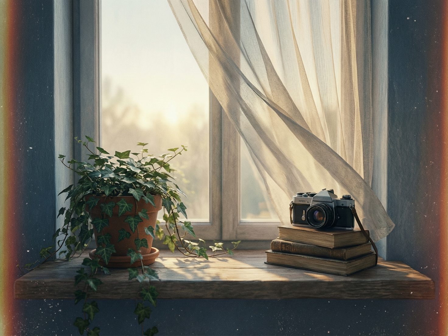 画面中展现了一个充满怀旧气息的窗台场景。温暖的夕阳透过窗户洒入室内，左侧摆放着一盆茂盛的常春藤，绿色的叶片垂落在木质窗台上；右侧叠放着三本厚旧的书籍，最上方立着一台复古胶片相机。半透明的白色纱帘随风轻轻飘动，画面边缘带有类似老照片的漏光红晕和细微颗粒感，营造出宁静、文艺的氛围。

然而，画面中存在明显的 AI 生成缺陷：最显著的是右侧的胶片相机，其结构逻辑混乱，镜头偏离中心且形状扭曲，机身顶部的拨盘和按键模糊不清，缺乏真实的机械质感。此外，窗帘的纹理在与相机重叠处显得生硬且不自然，仿佛直接穿过了相机边缘。下方的木质窗台左侧边缘也显得过于厚重，与墙面的衔接处透视略显违和。尽管光影氛围迷人，但物体的细节处理揭示了其 AI 生成的本质。