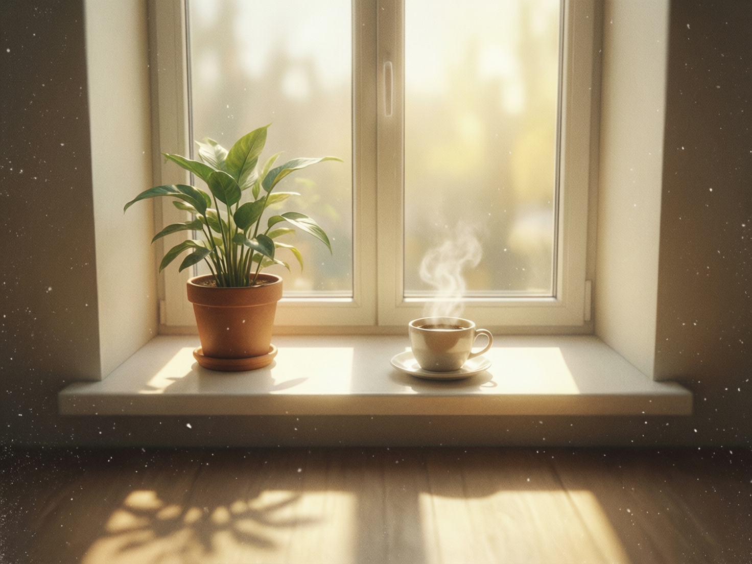 图中展现了一个宁静、温暖的室内窗台场景。柔和的金色阳光从窗外洒入，照亮了窗台上的物品。左侧摆放着一盆生机勃勃的绿色阔叶植物，装在棕红色的陶土花盆中；右侧是一杯正冒着袅袅白烟的热咖啡，放在配套的白色瓷碟上。阳光在木质地板上投射出植物和窗框的阴影，画面整体色调以暖黄和米白为主，营造出一种慵懒的午后氛围。然而，画面中存在明显的 AI 生成缺陷：窗户的结构逻辑异常，中间的垂直窗框在靠近窗台处突然消失，未能与底部的横框连接；咖啡杯上方的热气线条过于生硬且分布不自然；此外，画面中散布着许多类似灰尘或噪点的白色光点，分布规律显得有些刻意，缺乏真实的物理质感。