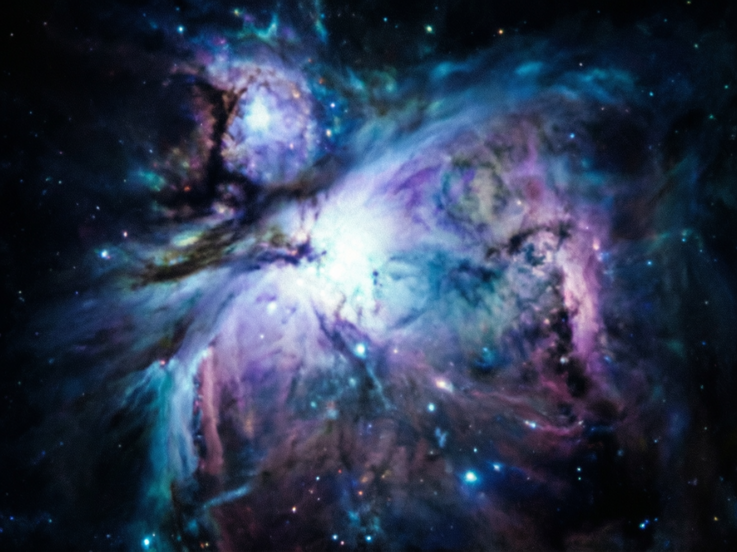 图中展现了一幅绚丽夺目的深空星云奇观，仿佛是宇宙深处的一场色彩盛宴。画面中心是一个极其明亮的白色核心，散发出耀眼的光芒，向四周扩散出层层叠叠的气体云团。星云的色彩非常丰富，以深邃的靛蓝色、忧郁的紫色和鲜艳的青绿色为主调，其间穿插着如烟雾般缭绕的黑色尘埃带，增加了画面的层次感和神秘感。背景的漆黑太空中点缀着无数细小的星点，有的发出锐利的蓝白光芒。

从 AI 生成的角度来看，画面存在一些明显的逻辑缺陷：首先，图像整体带有强烈的数字噪点和类似油画画布的纹理感，这与真实天文摄影的细腻质感不符；其次，星云的结构过于杂乱且缺乏物理上的流体连贯性，部分光影的交界处显得生硬且不自然；最后，背景中的星星分布过于均匀且形状模糊，缺乏真实恒星应有的衍射星芒或清晰的球体感，更像是在随机位置涂抹的亮点。