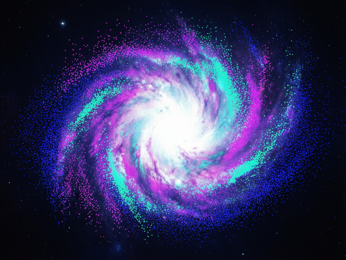图中展示了一个绚丽夺目的螺旋星系，仿佛悬浮在深邃黑暗的宇宙背景中。星系的中心是一个极其明亮的白色核心，散发出耀眼的光芒。从中心向外延伸出数条旋转的旋臂，主要由明亮的青绿色、鲜艳的紫色和深蓝色组成。这些色彩并非平滑过渡，而是由无数细小的彩色颗粒和点状像素堆砌而成，营造出一种类似喷绘或数字艺术的质感。背景是纯净的黑色，点缀着零星的微小白色光点，象征着遥远的恒星。

从 AI 生成的角度来看，这张图片存在一些明显的非自然特征。首先，星系的结构过于对称且颗粒感异常均匀，缺乏真实天体摄影中那种云气氤氲的连贯性和复杂的尘埃带细节。其次，旋臂上的色彩分布显得有些生硬，紫色和青绿色的色块交替过于规整，看起来更像是一件装饰性的平面设计作品而非真实的宇宙景观。此外，画面边缘的颗粒分布略显杂乱，缺乏自然星系边缘那种逐渐稀疏的透视感。