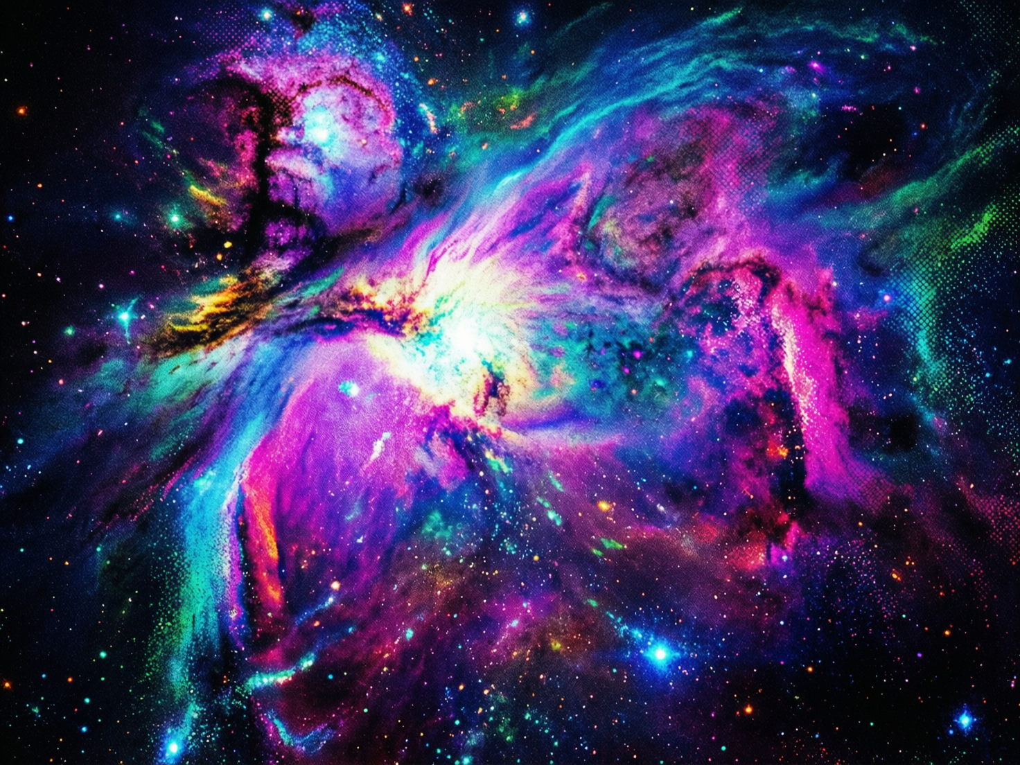 图中展现了一幅色彩极其绚丽、充满迷幻感的深空星云景象。画面中心是一个耀眼的白色发光核心，仿佛一颗新生的恒星正喷薄出巨大的能量。以此为中心，大片云雾状的星埃向四周扩散，主色调由深邃的紫罗兰、明亮的青蓝色和鲜艳的玫红色交织而成，间或点缀着翠绿与金黄。背景是漆黑的宇宙，散布着无数闪烁的细小星点，有的呈现出十字星芒。

从 AI 生成的细节来看，画面存在明显的艺术化处理痕迹而非真实的科学摄影。最显著的缺陷在于纹理的异常：在星云的多个区域，尤其是右上角和左上角的暗部，出现了类似印刷网点或棋盘格状的数字噪点，这种规律性的方格纹理在自然天体中是不存在的。此外，部分光影的过渡显得生硬，星点的分布过于均匀且带有某种数字化的笔触感，使得整幅图看起来更像是一张带有波普艺术风格的数字绘画，而非真实的哈勃望远镜深空摄影。