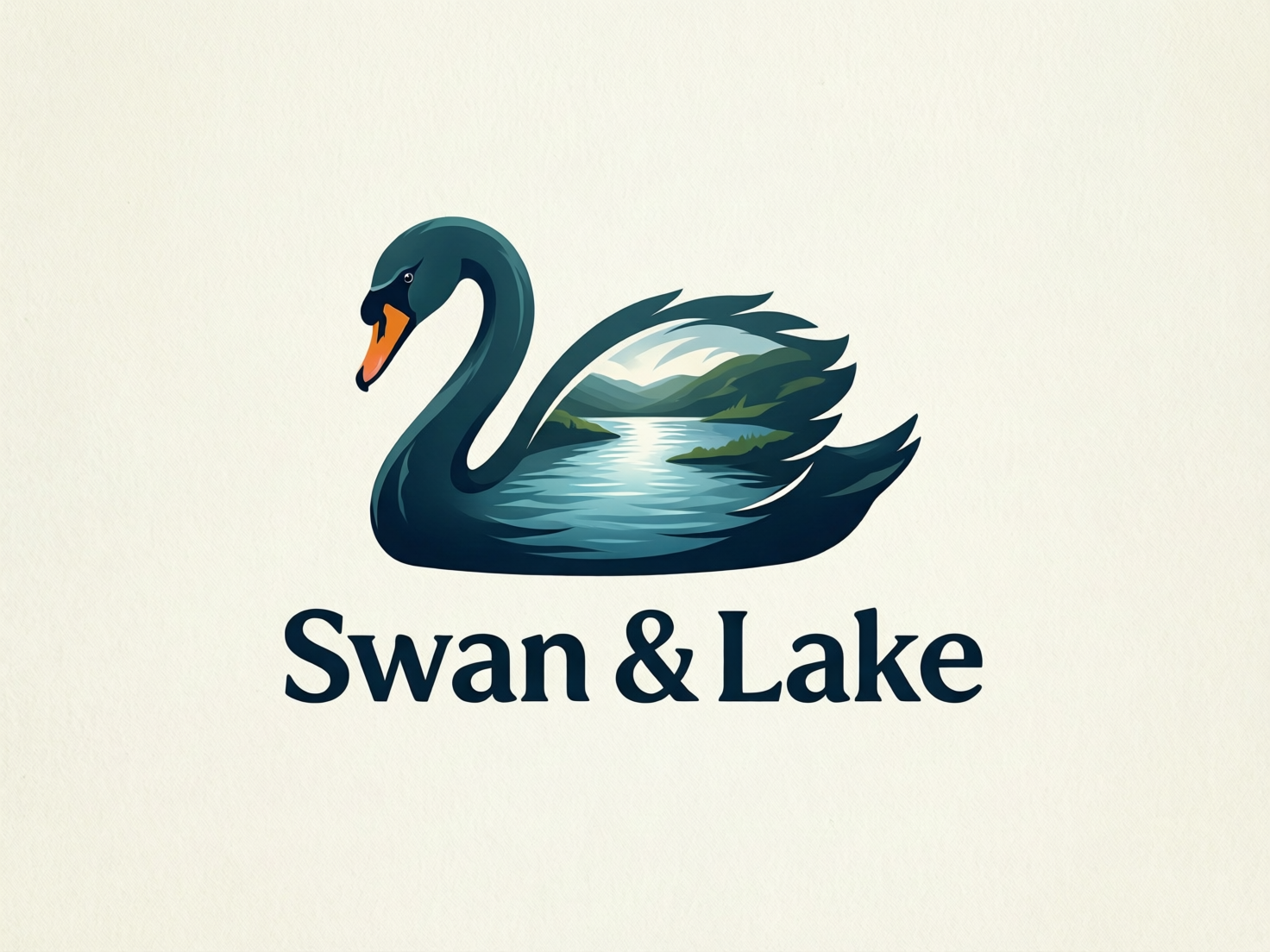 图中展示了一个结合了双重曝光艺术风格的标志设计，背景是带有细微纹理的米白色纸张。标志的主体是一只优雅的深蓝色天鹅，它拥有橙色的喙和修长的颈部，身体轮廓呈现出流线型。巧妙的是，天鹅的身体内部嵌套了一幅宁静的湖光山色画：画面中有波光粼粼的湖水、远处的群山以及葱郁的岸边植被，色彩以深绿和浅蓝为主。标志下方排列着衬线字体，写有“Swan & Lake”字样。在 AI 生成的细节方面，天鹅的颈部与身体连接处线条略显生硬，缺乏自然的肌肉过渡；此外，天鹅背部羽毛的尖端形状过于规则且尖锐，呈现出一种不自然的锯齿感。整体构图简洁大方，通过将自然景观融入动物剪影，传达出一种和谐与宁静的视觉意象。
