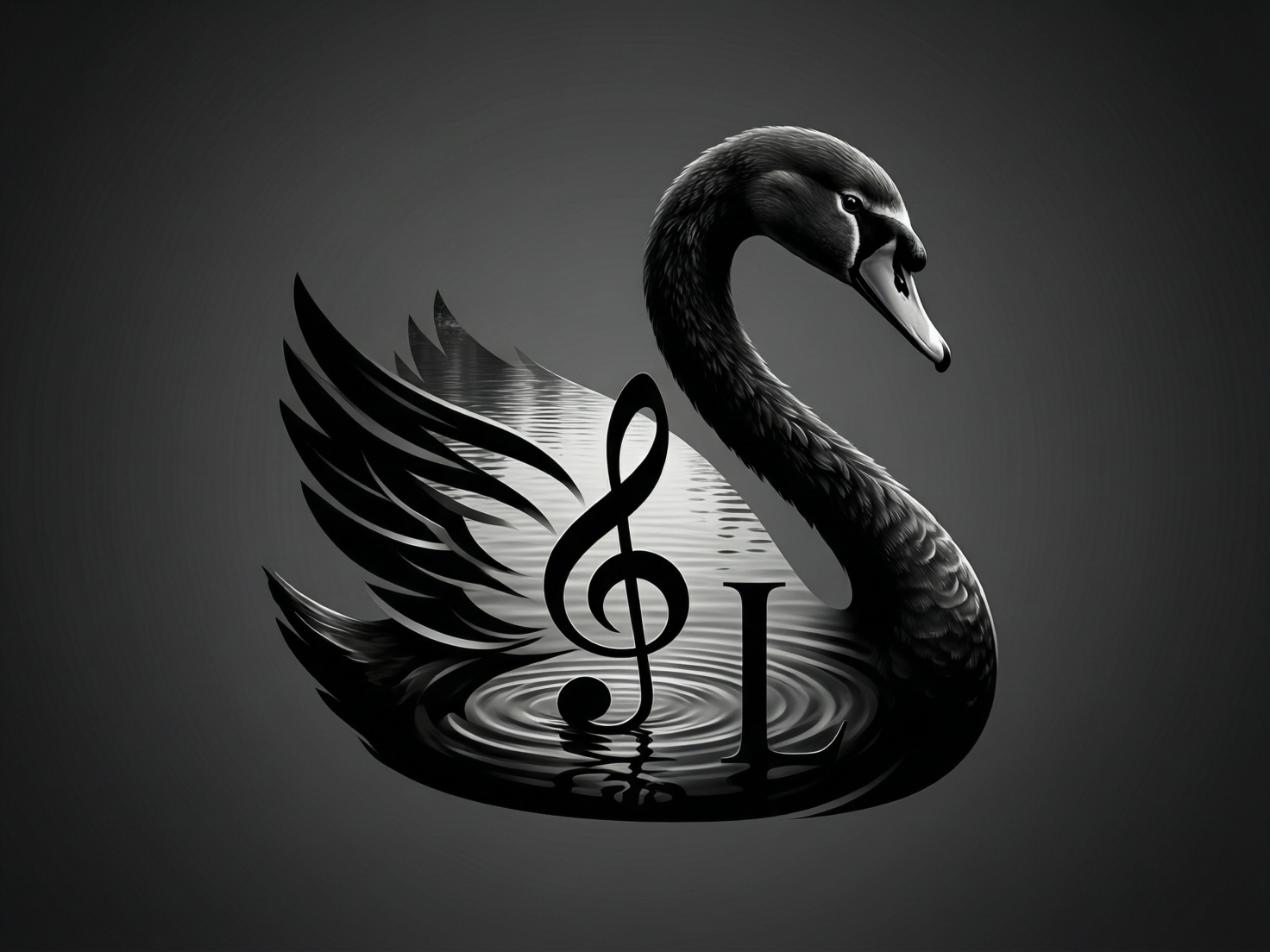 画面中呈现了一幅极简主义风格的黑白艺术构图，主体是一只优雅的黑天鹅。天鹅的身体被巧妙地设计成一个镂空的容器，内部填充着泛起层层涟漪的水面影像。天鹅长而弯曲的颈部细节丰富，羽毛质感清晰，头部微微侧向右方。在天鹅身体的中心位置，叠加了一个巨大的黑色高音谱号，其右侧还有一个大写的英文字母“L”，两者仿佛漂浮在水波之上。背景是纯粹的深灰色渐变，使主体更加突出。

在 AI 生成的细节方面，存在一些明显的逻辑缺陷：天鹅的背部羽毛与水面纹理的衔接显得生硬且不自然，左侧翅膀的线条过于尖锐且排列方式不符合真实的生物解剖结构。此外，高音谱号底部的圆点与水面波纹的融合出现了透视上的扭曲，字母“L”的底部也与水纹产生了不协调的重叠，缺乏真实的立体投影效果。