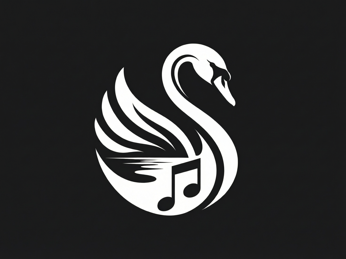 图中展示了一个极简风格的矢量标志设计，背景为纯黑色，主体是一只白色的天鹅。天鹅的造型优雅，长长的颈部弯曲成优美的“S”形，头部微垂，喙部细节清晰。天鹅的翅膀由几条流畅的弧线组成，呈现出向上扬起的姿态。在天鹅身体的下半部分，巧妙地融合了一个黑色的双八分音符符号，仿佛天鹅正浮在由音符构成的水面上，整体构图呈圆形，展现了音乐与优雅生物的结合。

在 AI 生成的细节方面，画面整体比较简洁，但也存在一些细微的逻辑异常：天鹅颈部内侧的线条转折略显生硬，不够平滑；此外，音符与天鹅身体连接处的负空间处理（黑色剪影部分）在透视上略显混乱，左侧翅膀下方的横向线条与音符的结合部显得有些破碎，不够规整，这是 AI 在处理复杂图形融合时常见的衔接瑕疵。