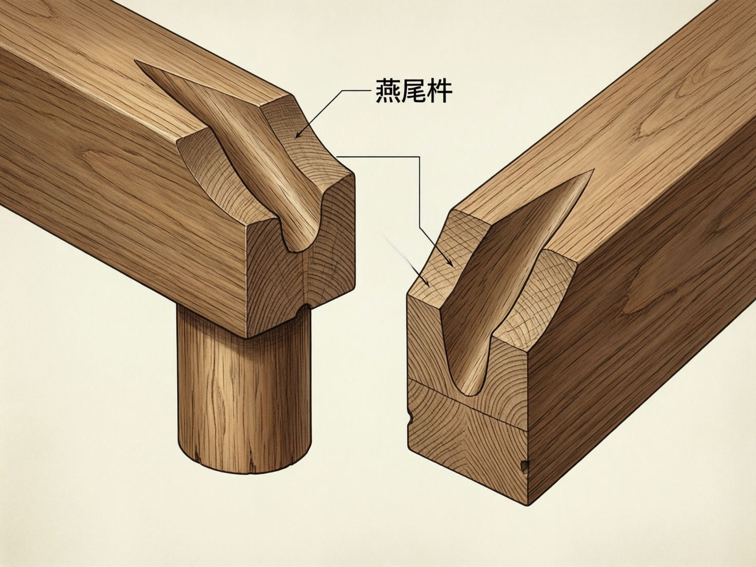 图中展示了一张关于木工榫卯结构的示意图，背景为淡雅的米白色。画面中有两根带有清晰木质纹理的棕褐色木梁，它们正试图展示一种对接结构。左侧的木梁下方连接着一根圆柱形的木桩，右侧的木梁则呈斜向放置。图中上方带有黑色文字标注“燕尾榫”，并配有指引线指向木材的切口处。然而，作为一张 AI 生成的图片，画面存在明显的逻辑和透视缺陷：首先，标注的“燕尾榫”在现实中应为梯形连接，但图中展示的却是平滑的半圆弧形凹槽，完全不符合燕尾榫的几何特征；其次，左右两块木材的切口形状并不匹配，无法实现物理上的严丝合缝；此外，木材横截面的年轮纹理分布杂乱，与长条表面的木纹走向缺乏连贯性，整体结构在现实木工原理中是无法成立的。