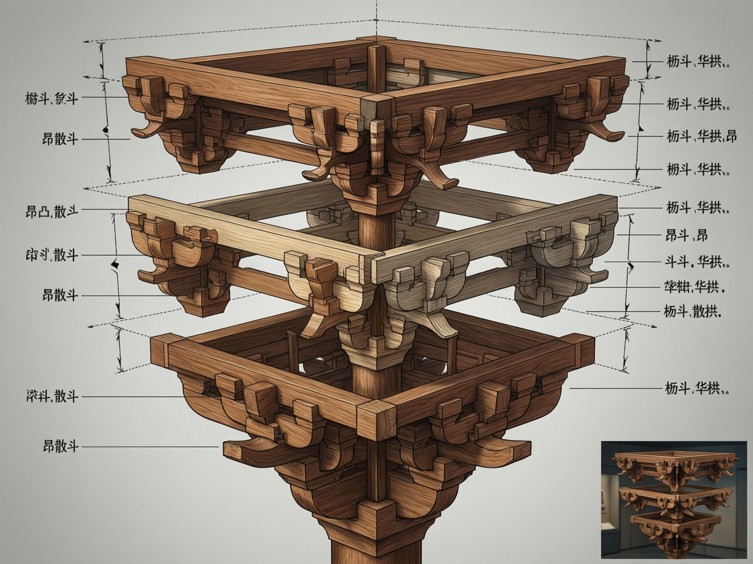 画面中展示了一个仿中国传统建筑“斗拱”结构的木质模型示意图。该模型由三层复杂的榫卯结构垂直叠加而成，中心由一根粗壮的木柱贯穿，整体呈现出由下至上逐渐向外挑出的倒金字塔形态。木材呈现深浅不一的棕褐色，纹理清晰。画面两侧带有大量的文字标注和虚线引线，试图解释各部件的名称。

然而，作为 AI 生成的图片，画面存在明显的逻辑和细节缺陷：首先，文字标注虽然看起来像汉字，但大多是无法辨认的“伪汉字”或乱码，笔画扭曲且毫无意义。其次，斗拱的结构逻辑混乱，木件之间的穿插关系不符合真实的力学原理，部分构件在空间上相互重叠或凭空消失。此外，背景的虚线标注与实物位置对齐不准，右下角还有一个重复且模糊的小缩略图，显示了典型的 AI 拼贴痕迹。整体透视虽然看起来宏大，但经不起细致的工程学推敲。