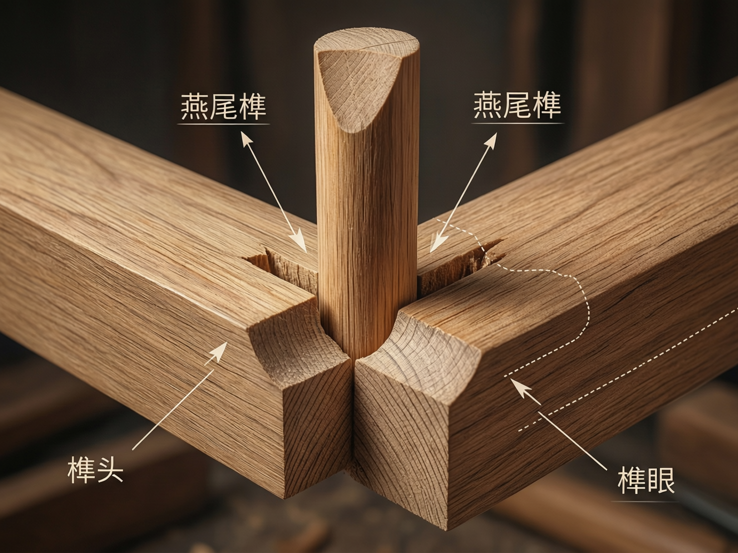 图中展示了一个木工榫卯结构的近景特写，背景是模糊的木工坊环境，整体色调呈温暖的木质原色。画面中心是三根木构件交汇的连接处：两根横向的方木呈 90 度直角对接，中间垂直立着一根圆柱形的木栓。构件表面有清晰的木材纹理，光影柔和。画面中带有中文标注和白色箭头，试图解释“燕尾榫”、“榫头”和“榫眼”等术语。

然而，作为一张 AI 生成的图片，其结构存在明显的逻辑错误和透视缺陷：首先，标注的文字与实际结构完全不符，例如指向实心方木的箭头被标为“榫眼”，而指向圆柱体的部分被标为“燕尾榫”。其次，物理结构不合理，两根方木的交接处呈现出一种不自然的融合感，缺乏真实的咬合缝隙，且圆柱木栓与方木的连接处木材纹理错乱，看起来像是直接“长”在一起而非组装而成。此外，右侧方木上的虚线标注毫无逻辑，未能准确勾勒出任何内部结构，属于典型的 AI 视觉幻觉。