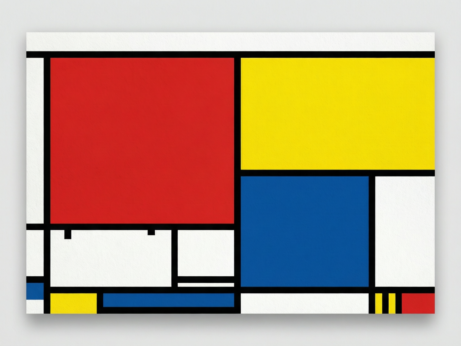 图中展示了一幅模仿荷兰画家蒙德里安风格的几何抽象画作。画面由粗细不一的黑色水平线和垂直线交织而成，形成了一系列大小不等的矩形色块。主要色彩由红、黄、蓝三原色以及白色背景组成。左上方是一个巨大的红色正方形，右上方是一个明亮的黄色矩形，右侧中部则是一个深蓝色的正方形。画面底部和边缘分布着较小的色块，整体构图呈现出一种不对称的平衡感。

作为 AI 生成的图像，画面中存在明显的逻辑缺陷：在左下方的白色区域内，出现了几段悬空的黑色短线，它们没有与主框架连接，破坏了蒙德里安原作中线条必须贯穿或连接的严谨几何逻辑。此外，底部边缘的黑色线条粗细变化突兀，部分色块的边缘出现了轻微的溢色或对齐不准的现象，这些细节暴露了其并非出自人类艺术家之手的严谨构图。