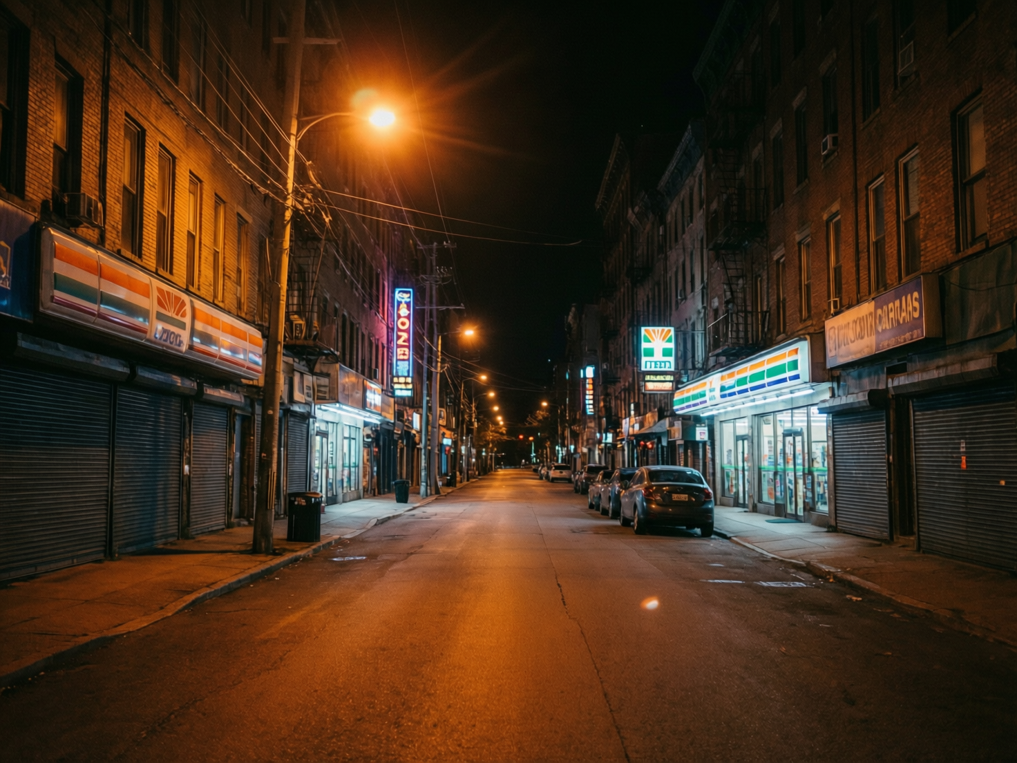 图中展现了一个深夜的城市街道场景，视角位于马路中央向远方延伸。街道两旁是高耸的砖石结构公寓楼，底层分布着多家商店。画面色调以昏暗的黑褐色为主，被明亮的橙黄色路灯和商店招牌的霓虹光芒所点亮，营造出一种宁静却略显冷清的都市氛围。左侧近处有一家卷帘门紧闭的小店，上方挂着橙白相间的条纹招牌；右侧则有一家灯火通明的便利店，门前停放着几辆深色轿车。

画面中存在明显的 AI 生成缺陷：首先，商店招牌上的文字和标志均为混乱的乱码或扭曲的图形，无法辨认具体含义，尤其是模仿知名便利店的标志显得非常模糊。其次，电线杆上的电线排布逻辑混乱，在空中交错得极不自然。此外，远处的路灯光点分布过于机械，且右侧建筑的窗户细节在放大后呈现出重叠和透视扭曲的现象。