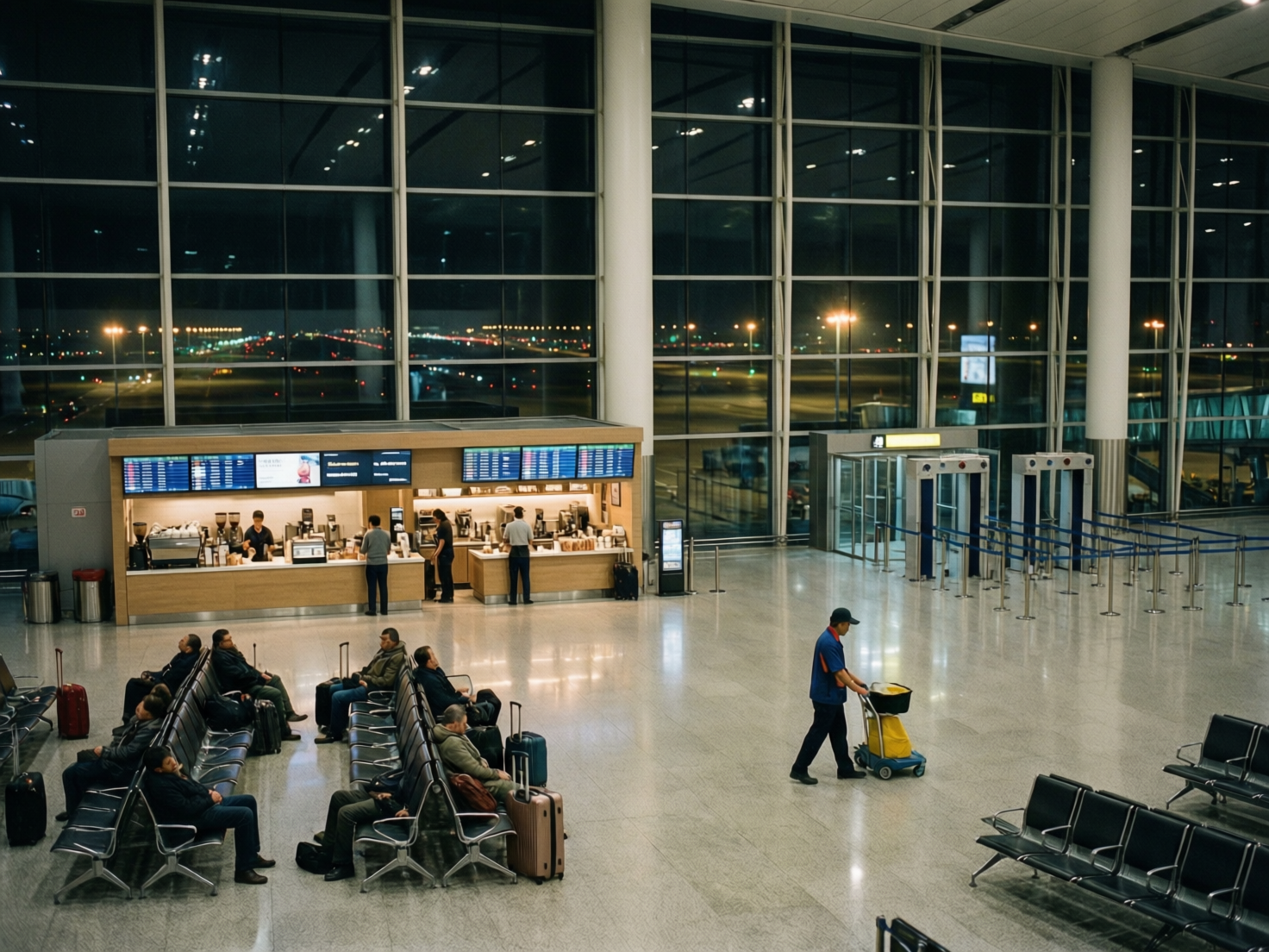 图中展示了一个宽敞现代的机场候机大厅夜晚场景。画面背景是一面巨大的落地玻璃窗，透出窗外停机坪点点的灯火；室内灯光柔和，地面光洁如镜，倒映着建筑结构。画面左侧有一个木质色调的咖啡服务台，几名工作人员正在忙碌，柜台上方挂着多块显示航班信息的蓝色屏幕。画面前方，若干名旅客坐在成排的黑色金属候机椅上休息，身边放着行李箱。一名身穿蓝色制服、戴着帽子的清洁人员正推着黄色清洁车从右向左走过。

在 AI 生成细节方面，画面存在明显的逻辑与结构缺陷：服务台上的显示屏文字模糊且排版错乱，无法辨认；部分候机乘客的肢体线条模糊，与座椅的衔接不够自然；右侧的安检门区域结构简陋，缺乏真实的电缆或细节支撑；此外，玻璃窗上的反射光影与室内的实际光源位置略有不符，显得有些生硬。