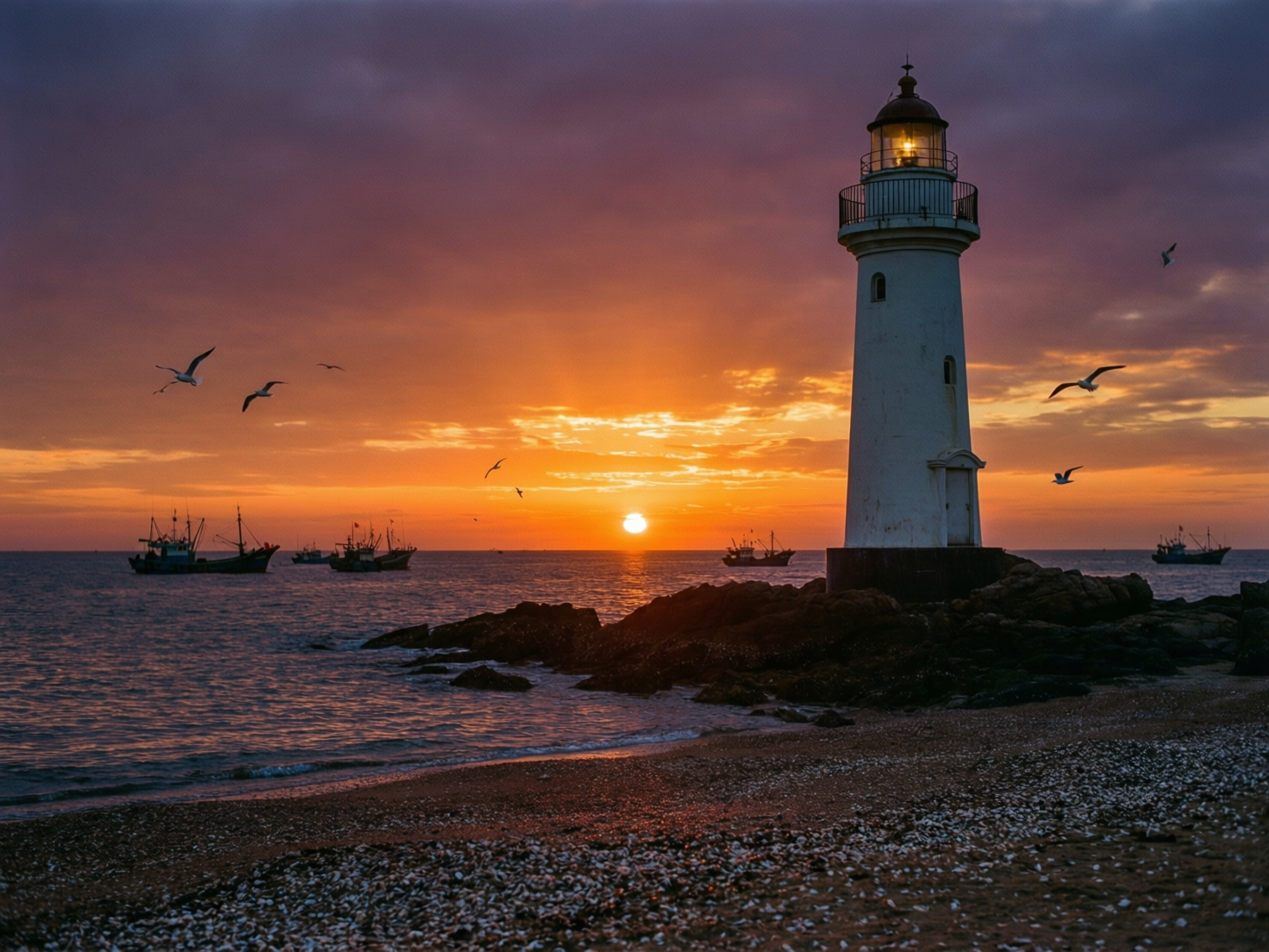画面中呈现了一幅壮丽的海边日落景象。构图右侧是一座高耸的白色灯塔，矗立在深色的礁石之上，塔顶亮着温暖的黄色灯光。背景是绚烂的晚霞，天空由顶部的深紫色过渡到地平线处明亮的橘红色，一轮红日正悬在海平面上方，将波光粼粼的海面染成金色。海面上散布着几艘远洋渔船的剪影，空中还有数只海鸥在飞翔。前景是一片布满碎石和贝壳的沙滩，光影层次分明。

作为一张 AI 生成的图片，画面中存在一些明显的逻辑缺陷：首先，海面上方的几只海鸥形态不够自然，部分飞鸟的翅膀结构模糊，甚至呈现出不规则的黑色色块，缺乏细节；其次，左侧远处的渔船桅杆线条杂乱，与船身的连接处显得生硬；此外，灯塔基座与礁石的融合处透视略显扁平，缺乏真实的体积感。尽管如此，整幅画面的色彩渲染依然营造出了宁静而深邃的艺术氛围。