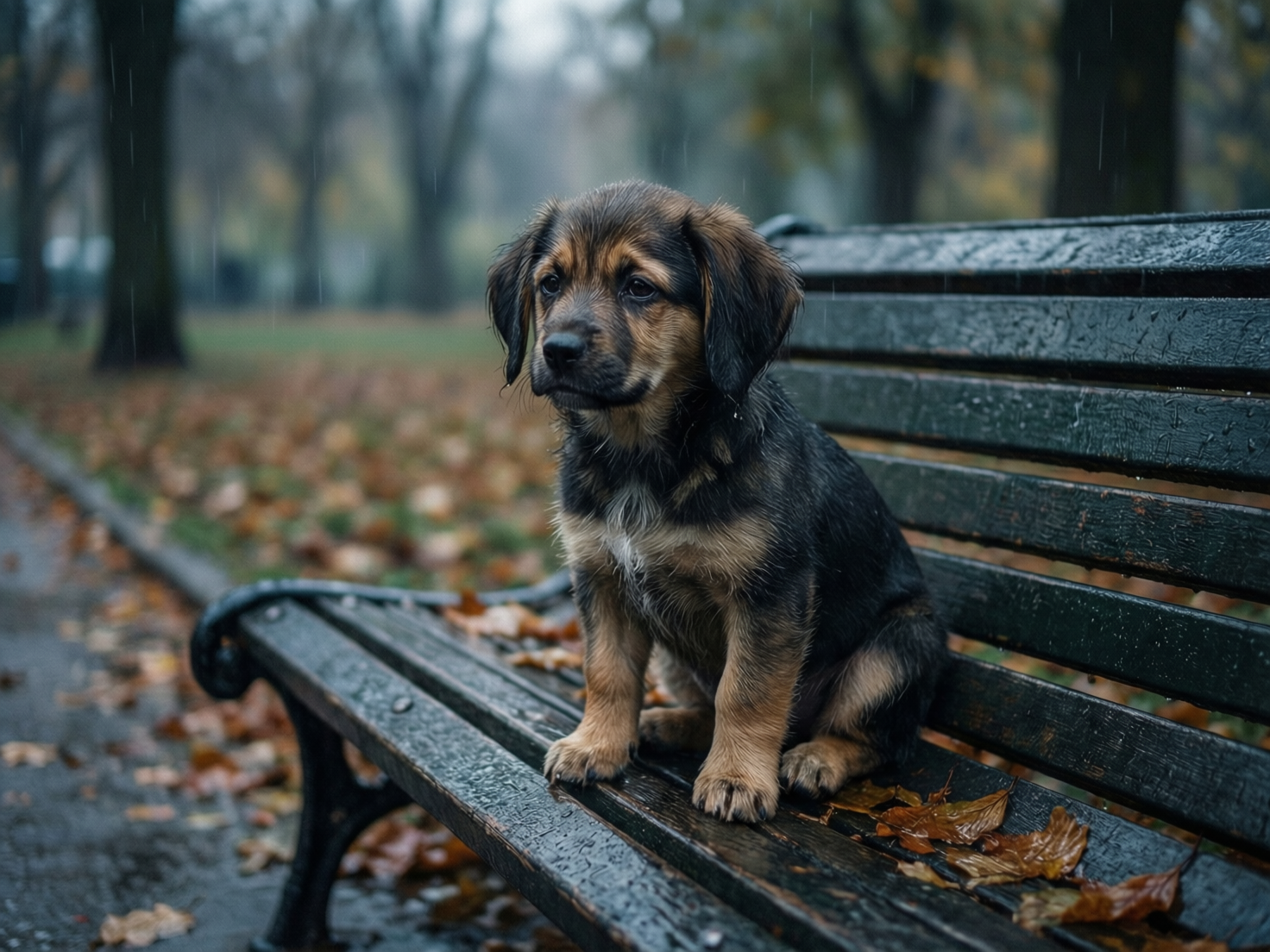 图中展示了一只幼小的混血小狗，正独自坐在雨中的公园长椅上。这只小狗拥有黑棕相间的厚实毛发，胸前有一抹白毛，它垂着耳朵，眼神显得有些忧郁和迷茫。背景是深秋或初冬的公园，地面铺满了湿漉漉的枯黄落叶，远处的树木在阴雨天中显得模糊。长椅是深绿色的木质结构，表面布满了细密的雨滴。整体色调偏冷、偏暗，营造出一种凄凉、孤独的氛围。在 AI 生成的细节方面，存在明显的逻辑缺陷：小狗右前肢的爪子结构异常，脚趾数量和形状模糊不清，且与长椅接触的位置显得有些漂浮。此外，长椅靠背的木条纹理在右侧边缘处出现了不自然的扭曲和断裂，背景中的雨丝分布也略显生硬，缺乏真实的动态感。