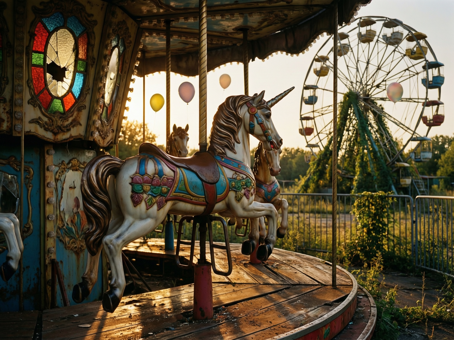 图中展现了一个被废弃游乐园的黄昏景象，近景是一座破旧的旋转木马，远景可见一座巨大的摩天轮。画面色调温暖但略显凄凉，夕阳的光辉洒在木质地板和锈迹斑斑的设施上。旋转木马的主体是一匹白色的独角兽，身上装饰着彩色花纹，但漆面已经剥落。左侧的装饰板上有彩色玻璃窗，其中一块已经破碎。背景中，几个彩色气球静止地悬浮在空中，摩天轮的支架上爬满了绿色藤蔓。

画面中存在明显的 AI 生成缺陷：首先，旋转木马的机械结构逻辑混乱，独角兽下方的支撑杆并未垂直连接到圆盘中心，而是错位悬空或连接在奇怪的位置；其次，独角兽的后腿形态扭曲，与身体的衔接不自然；背景中的气球缺乏拉绳，且悬浮高度和透视感显得生硬，像是贴在背景上的色块；摩天轮的座舱细节模糊且结构不对称，整体呈现出一种超现实但逻辑不通的荒废感。