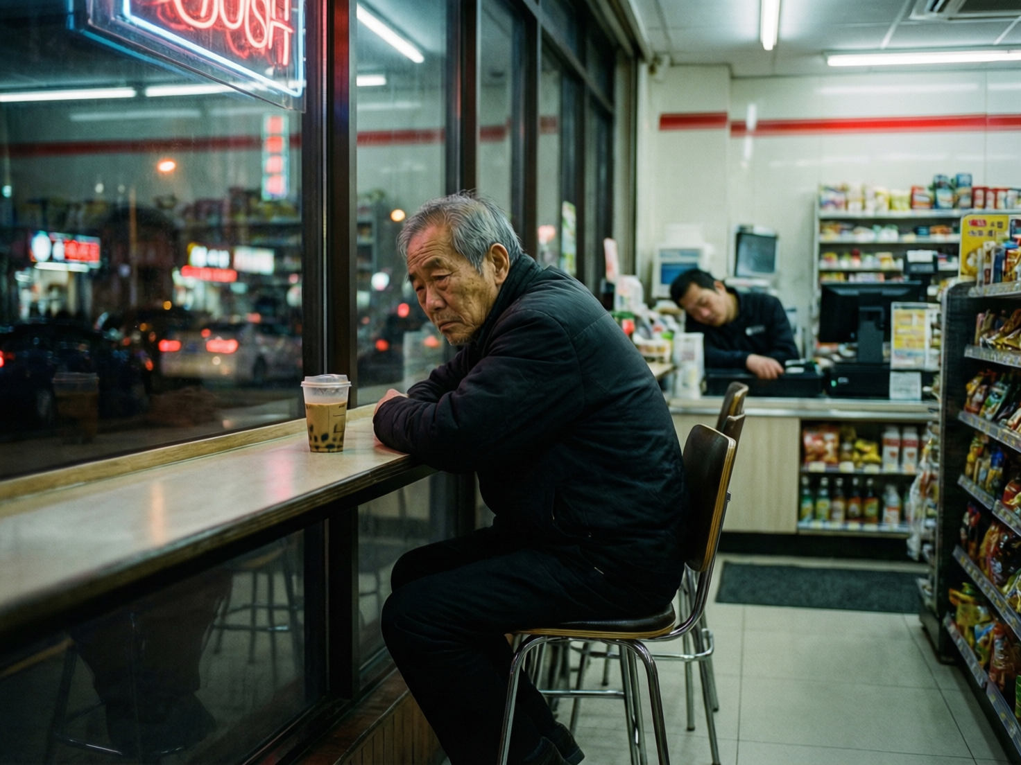 图中展示了一个深夜便利店的室内场景，透出一种孤独而静谧的氛围。画面中心是一位白发苍苍的老年男性，他穿着黑色厚外套，神情落寞地坐在靠窗的长吧台前，双臂交叠支在桌上，面前放着一杯珍珠奶茶。窗外是模糊的城市夜景，红色霓虹灯招牌在玻璃上留下倒影。背景中，一名店员正趴在收银柜台上休息，四周货架堆满了各类商品，白炽灯光显得有些冷清。

这张图片存在明显的 AI 生成缺陷：首先，老人的手部结构异常，交叠的手臂末端缺乏清晰的手指细节，显得模糊且扭曲。其次，左上角的红色霓虹灯文字呈现为无意义的乱码符号。此外，背景中店员的身体比例略显僵硬，且收银台上的设备细节模糊不清。吧台下方椅子的金属腿部线条也存在透视上的不连贯，与地面的衔接不够自然。