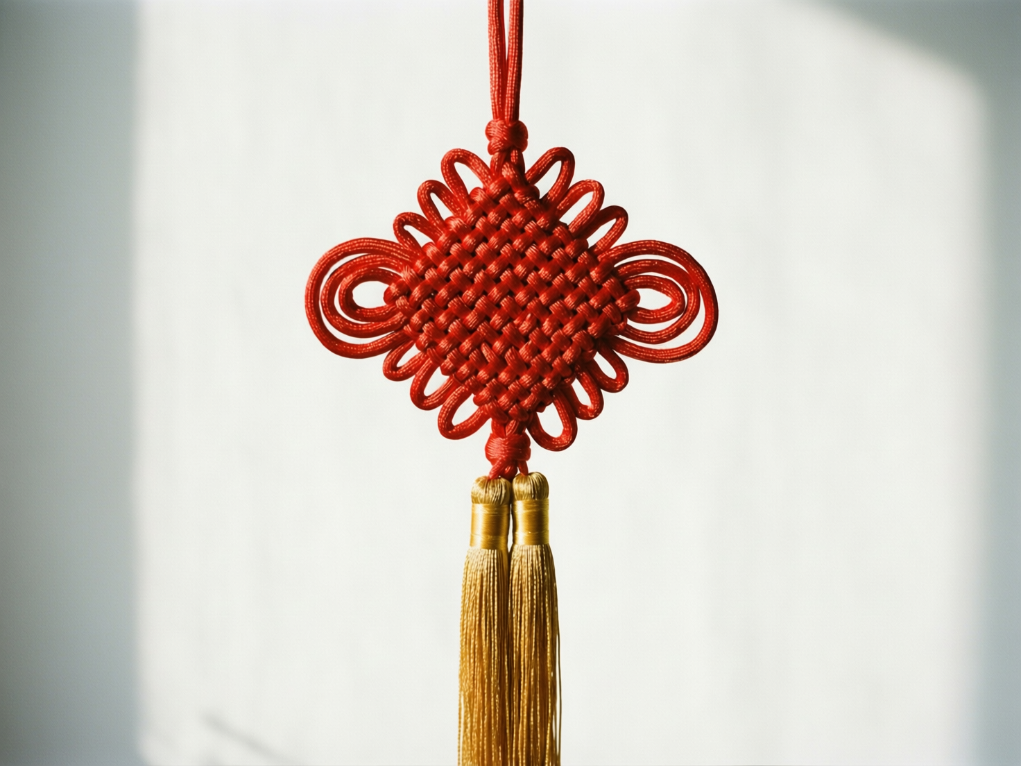 画面中展示了一个悬挂着的红色中国结，背景是简洁的浅灰色墙面，右侧带有柔和的斜向光影，营造出宁静且具有节日气息的氛围。中国结的主体由鲜红色的丝绳编织而成，呈现出经典的菱形盘长结样式，中心交织紧密，边缘带有多个圆润的环扣。下方垂挂着两束金黄色的流苏，流苏顶端用金线缠绕固定，质感细腻顺滑。

然而，作为 AI 生成的图像，画面中存在明显的逻辑缺陷：首先，中国结左右两侧的耳翼结构并不对称，左侧的环扣层数和形状与右侧明显不同，显得杂乱且不符合传统编织规律；其次，底部的金色流苏虽然有两束，但它们共用一个连接点的方式显得生硬，缺乏自然的物理衔接感；最后，中心编织部分的纹路在细节处略显模糊，部分绳线的穿插逻辑不符合实际的手工编法。整体视觉效果虽然鲜艳，但在结构严谨性上存在 AI 生成的典型痕迹。