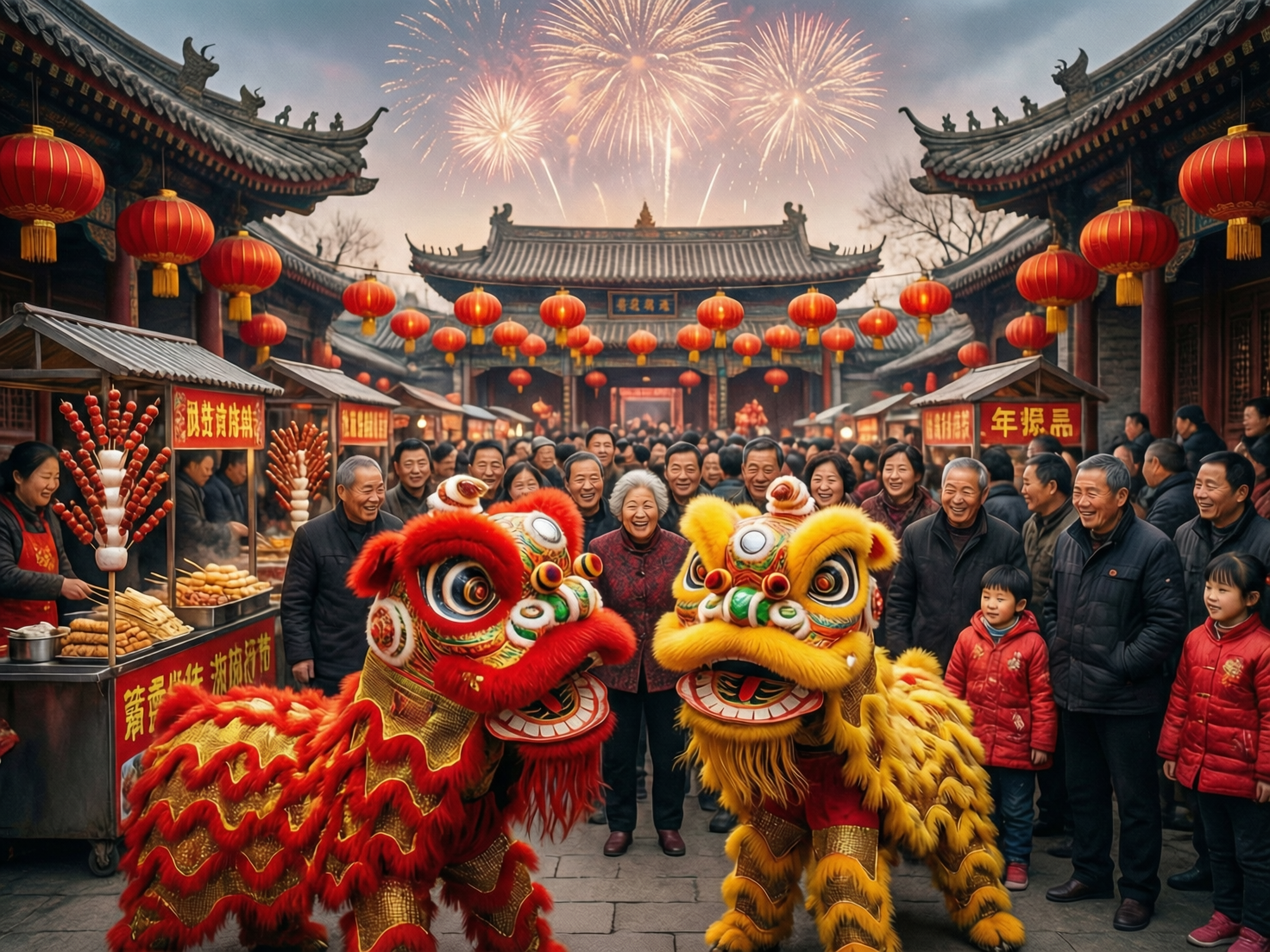 图中展现了一个热闹非凡的中国传统庙会场景，洋溢着浓厚的春节喜庆气氛。画面中心是两只色彩鲜艳的舞狮，左侧为红色，右侧为金黄色，它们毛绒蓬松，造型生动。舞狮后方簇拥着一群面带笑容的民众，男女老少皆有，背景是古色古香的木质建筑，屋檐下挂满了红彤彤的大灯笼。天空中，绚烂的烟花正在绽放，与地面的红火景象交相辉映。画面左侧设有一个售卖冰糖葫芦和油炸小吃的摊位，招牌上写着红底黄字。

作为一张 AI 生成的图片，画面中存在多处明显的逻辑缺陷：首先，文字处理混乱，摊位招牌和建筑牌匾上的汉字多为无法辨认的乱码或错别字；其次，人物细节存在异常，部分围观群众的五官模糊扭曲，甚至出现了肢体连接不自然的现象；此外，舞狮的结构略显生硬，缺乏真实的支撑感，且背景中灯笼的透视关系与光影逻辑在局部显得不够协调。