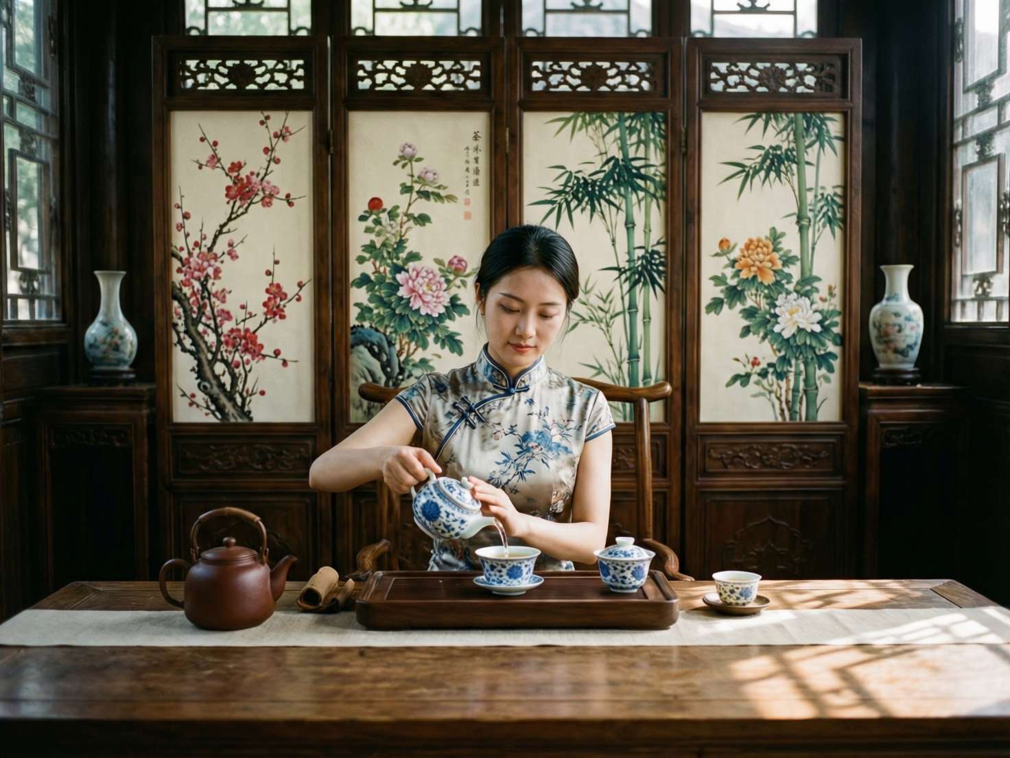 画面中，一位身着浅色碎花旗袍的年轻女子正坐在中式茶室的木桌前，神情专注地进行茶艺演示。背景是一扇精美的四扇木质屏风，上面绘有梅、兰、竹、菊等传统花鸟图案，两侧各摆放着一个青花瓷瓶，整体色调古朴典雅。女子的正前方摆放着木质茶盘，上面有青花瓷茶具，她正右手提壶，左手轻扶壶盖向茶杯中注水。然而，画面存在明显的 AI 生成缺陷：女子的右手手指比例失调且扭曲，指节连接处显得生硬不自然；左手手指也出现了融合现象，无法清晰分辨指尖。此外，屏风上的书法文字模糊重叠，无法辨认，且茶盘上方的茶壶盖与壶身的透视关系略显僵硬。尽管如此，柔和的自然光从侧面洒在木桌上，依然营造出一种宁静的文化氛围。
