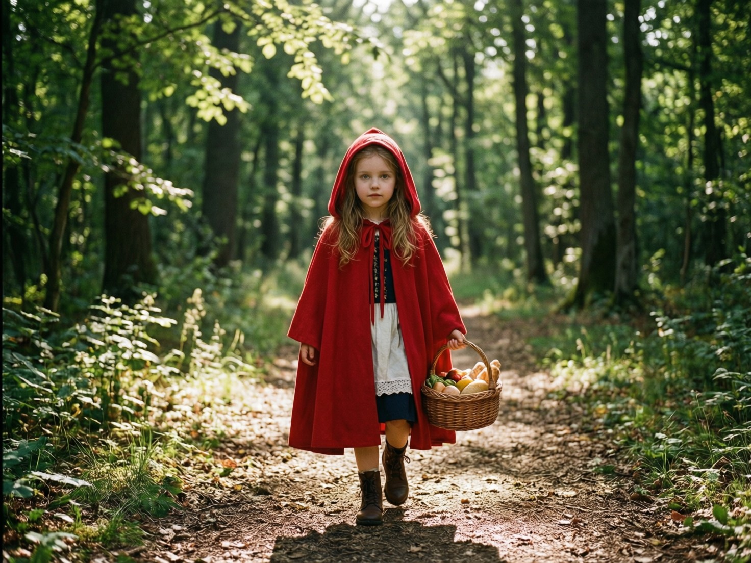 图中展现了一个充满童话色彩的森林场景。画面中央是一位约六七岁的小女孩，她扮演着经典的“小红帽”形象，身穿一件鲜艳的大红色连帽斗篷，内搭深蓝色连衣裙和白色围裙，脚蹬棕色短靴。她正走在一条铺满落叶的林间小径上，左手提着一个装满水果和面包的编织篮子。背景是郁郁葱葱的绿色森林，阳光透过繁茂的树叶缝隙洒下，形成斑驳的光影，营造出宁静而略带神秘的氛围。

在 AI 生成细节方面，画面存在一些明显的逻辑缺陷：小女孩右手垂在身侧，但手指的结构模糊且数量异常，显得不够自然；左手提篮子的姿势与篮柄的衔接处透视略显生硬。此外，她右脚靴子的鞋带部分细节混乱，与左脚的质感不完全统一。尽管如此，整体构图平衡，色彩对比强烈，生动地还原了童话故事的视觉意象。