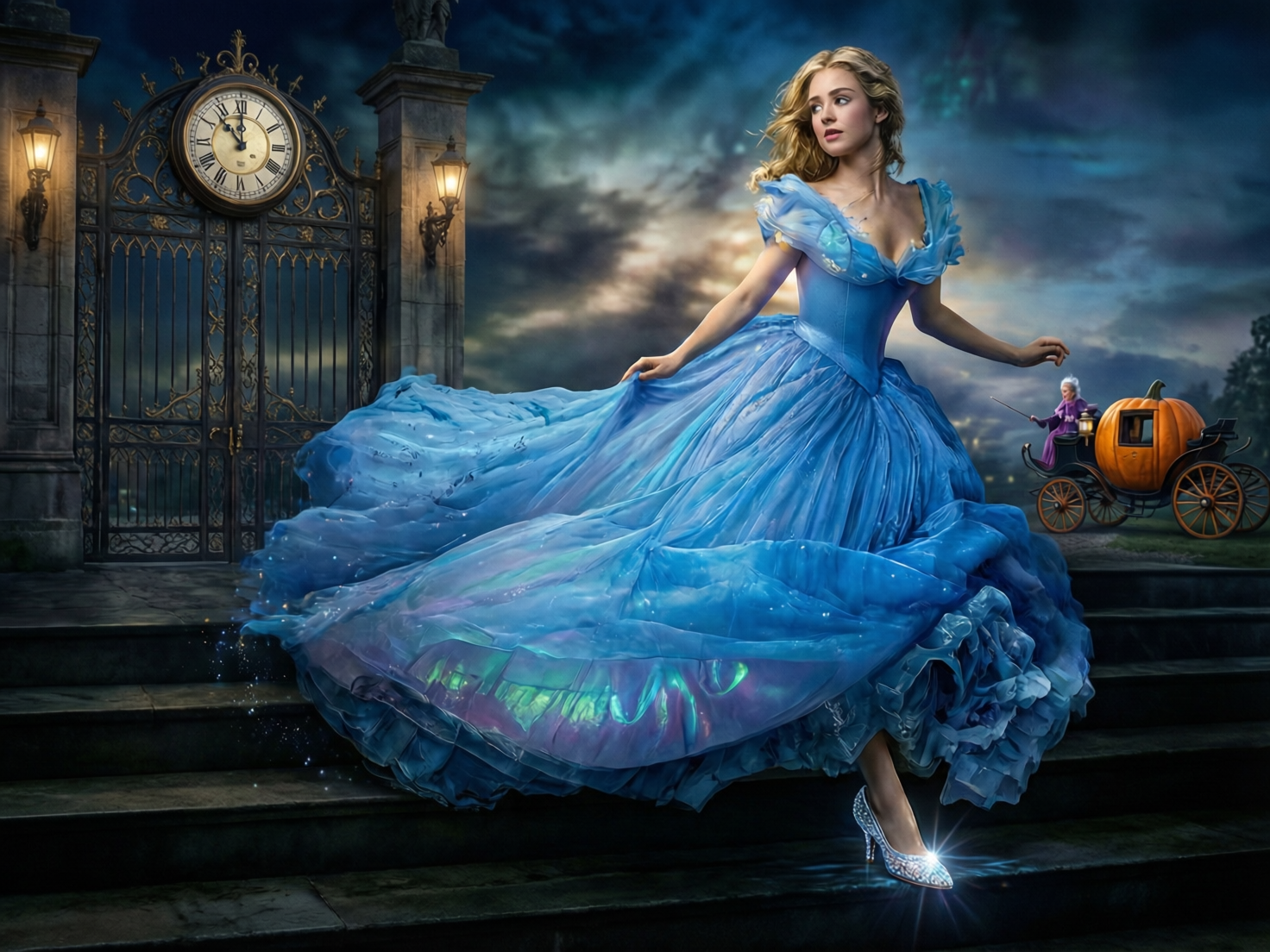 图中展现了一个充满奇幻色彩的灰姑娘童话场景。画面中心是一位金发女子，她身着一袭华丽且蓬松的亮蓝色露肩礼服，正急促地跑下石阶。她的裙摆随风飘扬，闪烁着如极光般的绚丽光泽，脚上穿着一只发光的晶莹水晶鞋。背景左侧是一座巨大的黑色铁艺大门，门上方镶嵌着一面古老的圆盘时钟，指针指向午夜前夕；右侧远处停着一辆由南瓜变幻而成的金色马车，旁边站着一位身穿紫袍的小仙女。整个环境笼罩在深蓝色的夜色中，云层透出微弱的月光，营造出一种紧迫而神秘的氛围。

在 AI 生成细节方面，存在明显的逻辑和结构缺陷：女子的左手手指比例失调且扭曲，右手抓握裙摆的姿势显得生硬。背景中的南瓜马车比例过小，且马车轮子与地面的接触感不自然。此外，大门上的时钟刻度排列混乱，罗马数字显示模糊且不符合常规逻辑，体现了 AI 在处理复杂文字和精细结构时的局限性。