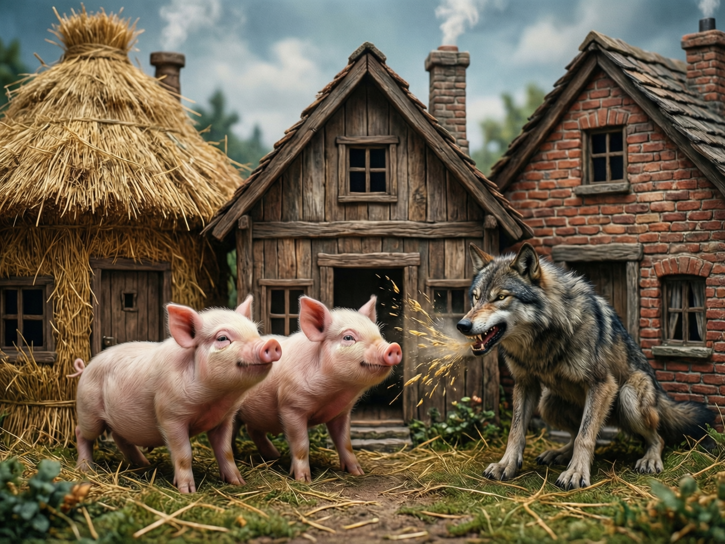 图中展示了一个基于经典童话《三只小猪》的场景。画面背景由左至右依次排列着三座小屋：一座金黄色的草屋、一座深褐色的木屋和一座红砖砌成的砖屋，烟囱中正冒出淡淡白烟。前景中，两只粉色的小猪并排站立在左侧，它们皮肤纹理细腻，神情显得有些呆滞。右侧站着一只体型高大、毛色灰黑相间的大灰狼，它正张开大嘴对着小猪们哈气，口中喷出了一些类似稻草碎屑的黄色颗粒。

画面存在明显的 AI 生成缺陷：首先是逻辑错误，画面中只有两只小猪，而非故事中的三只；其次，大灰狼的肢体结构异常，它的右前肢显得过长且关节扭曲，爪子的数量和形状也模糊不清；中间木屋的门框与窗户比例失调，显得歪斜。此外，大灰狼喷出的碎屑在空间中的分布缺乏透视感，像是直接粘贴在画面上的。