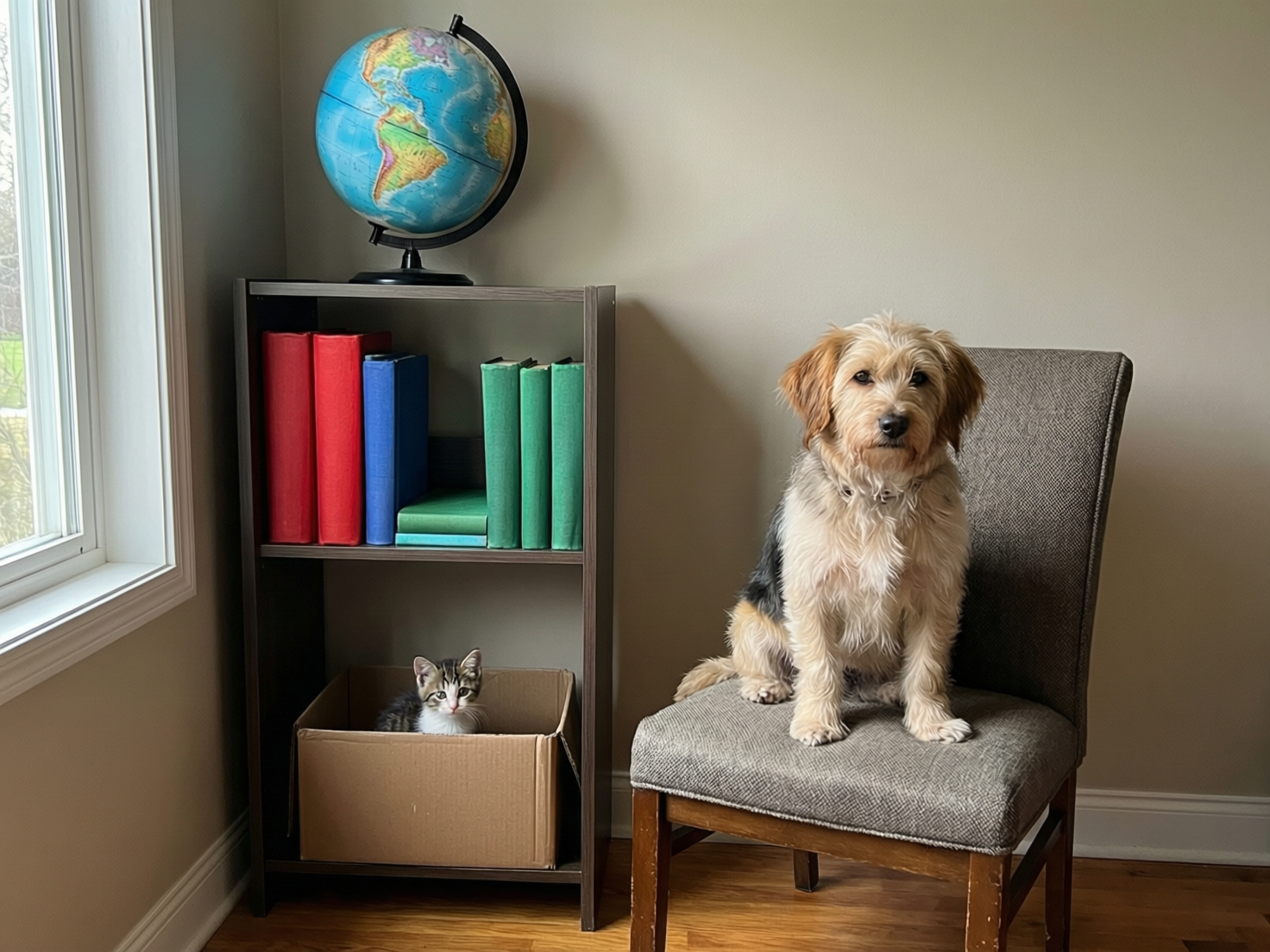图中展现了一个明亮的室内角落，墙壁呈淡米色，地面铺着温暖的木地板。画面中心偏右处，一只中型梗类混血犬乖巧地坐在一把灰褐色布艺椅子上，它有着浅棕色和黑色相间的毛发，正面对镜头。椅子左侧是一个深色的两层简易书架，顶端放置着一个蓝色的地球仪。书架上层整齐排列着几本红、蓝、绿色的厚书；下层则放着一个纸箱，一只黑白花纹的小奶猫正从箱子里探出头来。左侧有一扇透进自然光的窗户。

这张图片存在明显的 AI 生成缺陷：首先，书架上的书籍缺乏书名和细节，显得像色块模型；其次，地球仪上的陆地轮廓模糊且不符合真实的地理分布；最明显的逻辑错误在于书架的透视，书架左侧的立板在接近地面处突然消失，导致书架看起来像是悬浮或结构残缺；此外，小猫所在的纸箱边缘线条生硬，与书架底部的衔接显得不够自然。