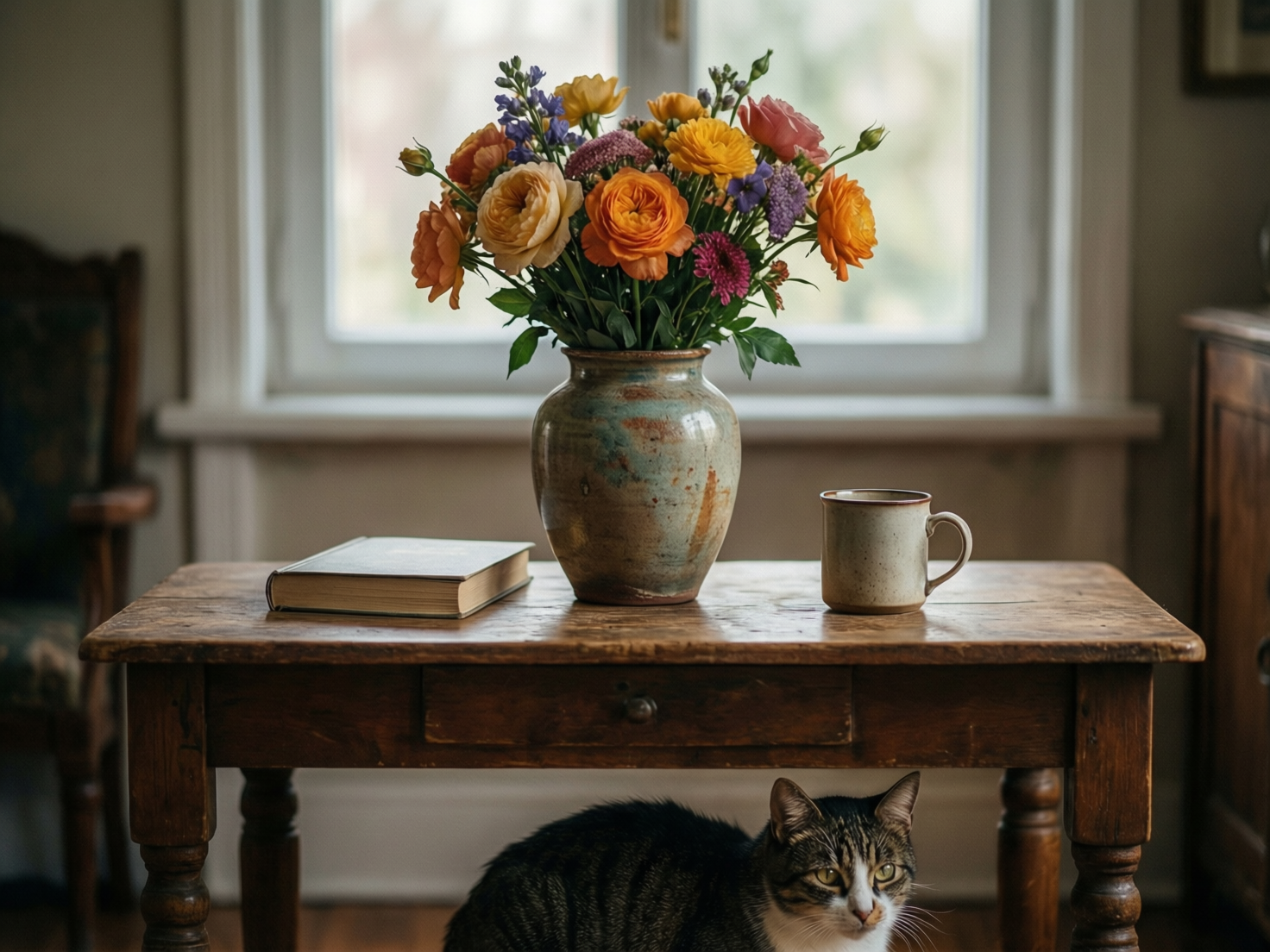图中展示了一个温馨的室内静物场景。画面中心是一张质朴的棕色实木方桌，桌上摆放着一个复古的青色陶罐花瓶，里面插满了橙色、黄色和紫色的花束。花瓶左侧有一本厚实的精装书，右侧是一个配套的陶瓷马克杯。桌子下方，一只狸花猫正安静地趴在阴影中，露出头部看向前方。背景是一扇透着柔和自然光的窗户，整体色调温暖且富有生活气息。在 AI 生成的细节方面，存在一些明显的逻辑缺陷：桌子下方的猫只有前半身，后半身似乎凭空消失在阴影中，身体比例显得有些不自然；桌子左侧的边缘线条略显模糊，与背景椅子的衔接处透视关系不够严谨；此外，花瓶中部分花朵的茎部连接方式略显生硬，缺乏真实的生长逻辑。尽管如此，画面整体构图平衡，营造出一种宁静的午后氛围。