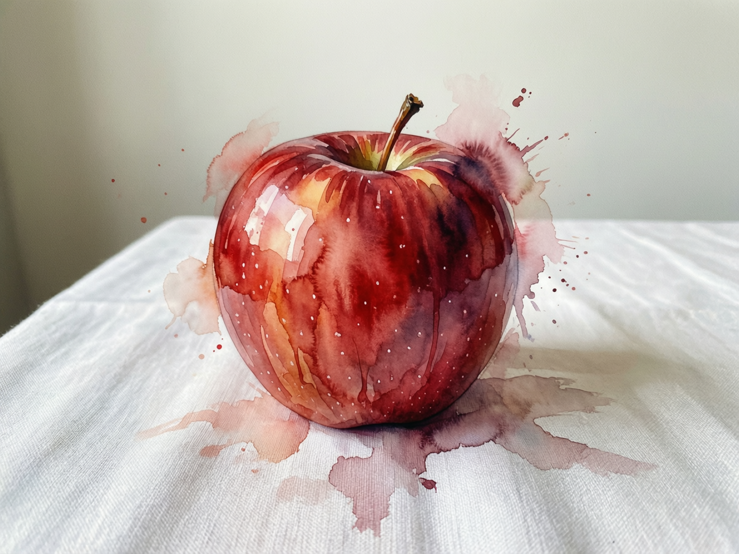 图中展示了一颗以水彩画风格呈现的红苹果，它静置在铺着白色桌布的平面上。苹果占据了画面的中心位置，色调以深红、酒红为主，并点缀着明亮的黄色和白色高光，表现出果皮的光泽感。苹果的顶端有一根细长的棕色果柄。画面采用了艺术化的水彩晕染效果，苹果的边缘伴随着半透明的红色颜料喷溅和流淌痕迹，仿佛色彩正在向四周扩散。背景是简洁的浅灰色墙面，构图平衡且具有现代艺术感。

在 AI 生成的细节方面，存在一些逻辑上的不一致：苹果底部的红色晕染虽然模拟了阴影，但其形状和分布显得有些生硬，与桌布的褶皱纹理融合得不够自然。此外，苹果表面的白色斑点分布过于均匀且细碎，看起来更像是后期添加的数字笔触，而非自然的果皮纹理。苹果右侧的喷溅水渍在透视上略显平面，缺乏与桌面接触的立体感。