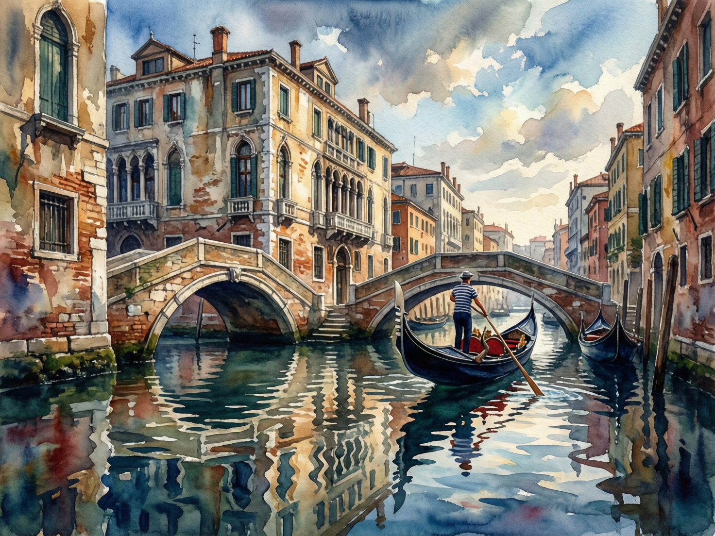 画面中呈现了一幅充满威尼斯风情的水彩画。场景描绘了宁静的水城河道，两岸耸立着具有历史感的意式建筑，墙面斑驳，色彩以土黄、砖红和灰蓝为主。河道中央，一名穿着蓝白条纹衫、戴着草帽的贡多拉船夫正撑着长桨，划动着黑色的贡多拉小船穿过石拱桥。天空布满了大片晕染开的蓝色和浅黄色云朵，水面上倒映着建筑与船只的虚影，笔触灵动且富有透明感。然而，画面中存在明显的 AI 生成缺陷：左侧石桥的结构逻辑混乱，桥身与建筑物的连接处显得生硬且不合常理；船夫手中的长桨末端并没有真实地插入水中，而是悬浮在水面之上；此外，远处背景中的小船和建筑细节出现了透视扭曲，部分窗户和线条显得模糊且不规则。