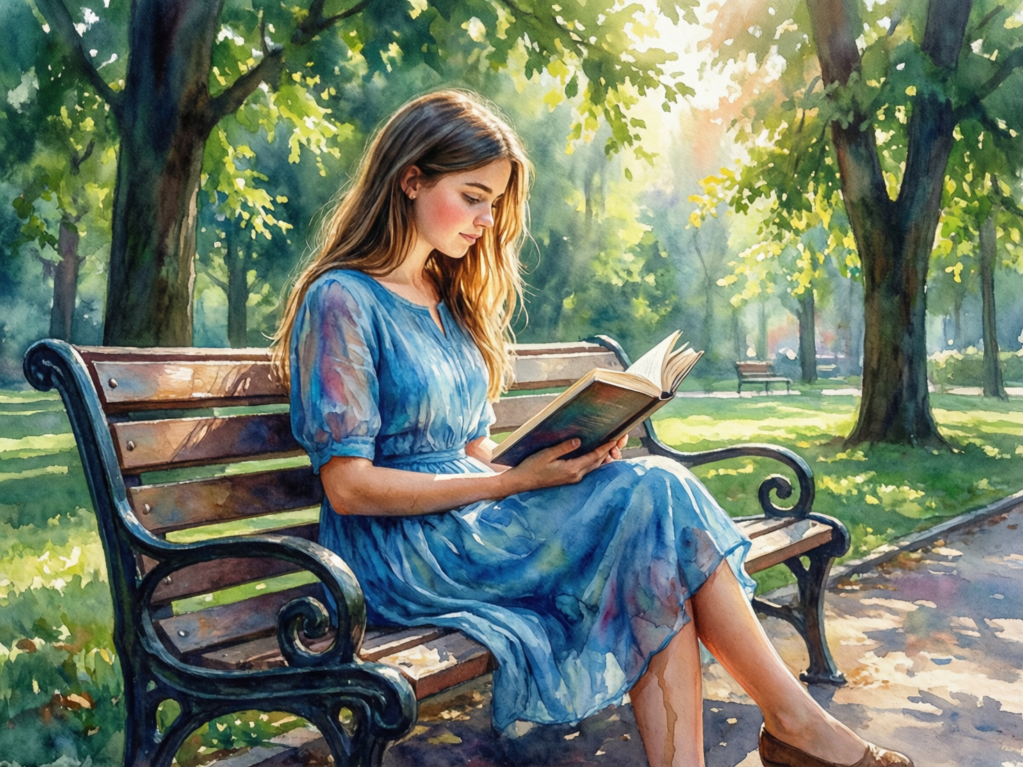 画面中呈现出一幅清新明亮的水彩画，描绘了一位年轻女性在阳光明媚的公园里读书的场景。画面中心，一位留着棕色长发的女子坐在深色的木质长椅上，她身穿一件轻盈的蓝色半透明连衣裙，正低头专注地阅读手中的书本。背景是郁郁葱葱的树林，阳光透过树叶的缝隙洒下，形成斑驳的光影，整体色调以翠绿、天蓝和温暖的橘黄为主，给人以宁静祥和之感。

在 AI 生成的细节方面，存在一些明显的逻辑缺陷：首先是女子的手部，握书的左手手指线条模糊且结构异常，右手手指也显得过于细长且关节不自然。其次，长椅的结构存在透视错误，左侧扶手的金属花纹与椅背的连接处显得杂乱且不符合物理逻辑。此外，女子裙摆下方的腿部线条处理较为生硬，与长椅边缘的遮挡关系略显模糊，背景中远处的长椅也呈现出一种扭曲的形态。
