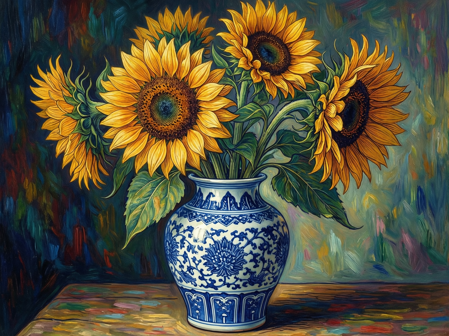画面中呈现了一幅模仿梵高油画风格的静物画，主体是一个插满向日葵的青花瓷瓶。画面中心是一个圆润的白底蓝花瓷瓶，上面绘有精细的缠枝莲纹样，放置在色彩斑驳的木质桌面上。瓶中插着五朵盛开的向日葵，花瓣呈现出明亮的金黄色，花心则是深棕色。背景由粗犷、动感的短促笔触组成，左侧色调偏向深蓝与暗红，右侧则较为明亮，带有浅绿和淡黄的色调。整幅画作色彩对比强烈，笔触厚重且富有节奏感。

在 AI 生成的细节方面，存在一些明显的逻辑缺陷：首先，花茎的生长路径显得混乱，部分花茎在进入瓶口处相互交叠，甚至出现了断裂或凭空消失的现象；其次，最左侧向日葵的花瓣与叶片的连接处结构模糊，透视关系不自然；此外，青花瓷瓶表面的纹路在左右两侧并不完全对称，花纹的线条在某些转折处显得过于凌乱，缺乏真实瓷器绘画的连贯性。