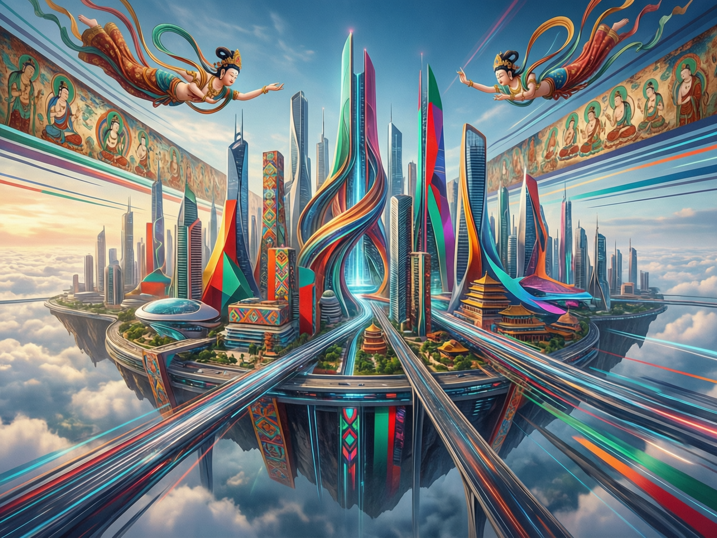 图中展示了一座悬浮在云端之上的未来主义赛博朋克城市，融合了浓郁的敦煌壁画艺术风格。画面中心是一座由彩色流线组成的螺旋状摩天大楼，周围环绕着色彩斑斓、带有民族纹样的几何建筑。天空两侧有两尊巨大的飞天神女在空中翱翔，她们身披彩带，姿态灵动。画面上方延伸出两条长卷般的壁画，描绘着多尊佛像。城市下方通过多条发光的悬浮轨道与外界连接，整体色调明亮，结合了金、红、蓝、绿等高饱和度色彩，构图呈现出强烈的透视感和放射状视觉冲击力。

在 AI 生成的细节方面，存在一些明显的逻辑缺陷：画面两侧的飞天神女手部线条模糊，手指数量和形状不自然；上方壁画中的佛像五官细节混乱，部分人物面部扭曲；城市底部的悬浮轨道在透视上显得生硬，部分线条在交汇处出现了断裂或不合理的重叠；此外，远景处的建筑群细节较为粗糙，缺乏真实的结构支撑感。