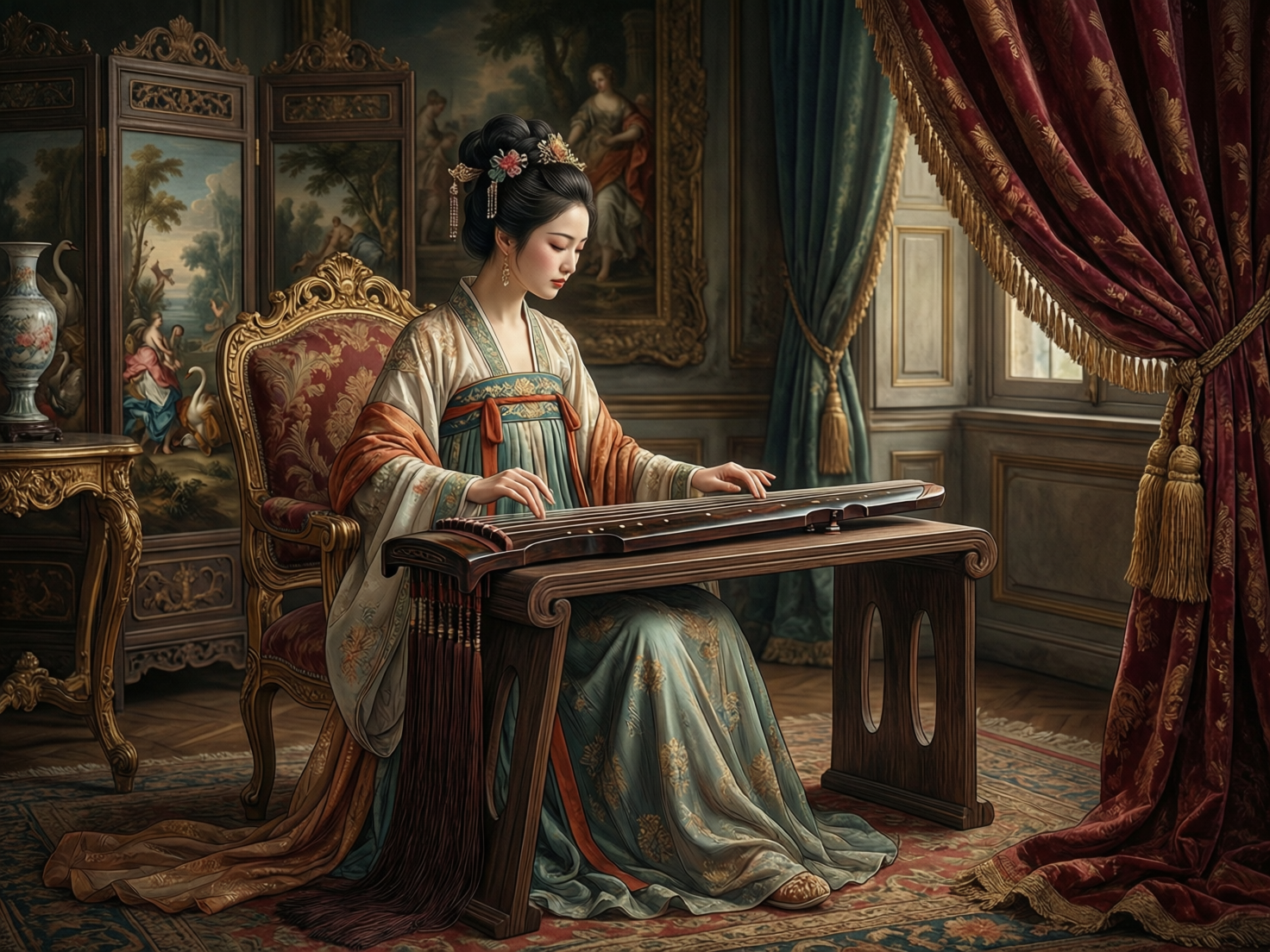 图中展示了一位身着中国传统汉服的年轻女性，正坐在一间充满欧洲古典风格的奢华房间内弹奏古琴。女子神情专注，发髻高耸并点缀着精致的花朵发饰，身穿青蓝色与米色相间的齐胸襦裙，肩披橘色披帛。她坐在一把雕花精美的欧式红丝绒靠背椅上，面前是一张木质琴桌。背景融合了中西元素：左侧是绘有山水画的中式屏风，墙上则挂着巴洛克风格的油画，右侧垂下厚重的红色流苏窗帘。画面色调沉稳、富丽，光线从右侧窗户柔和地洒入。

在 AI 生成细节方面，存在明显的逻辑和结构缺陷。首先，女子弹奏的乐器虽然形似古琴，但琴弦的排布杂乱且不完整，琴头处垂下的流苏直接穿透了琴桌，不符合物理常识。其次，女子的手部处理不够自然，手指的数量和关节连接处显得模糊。此外，背景中屏风上的绘画图案逻辑混乱，人物比例失调。琴桌的支撑结构与地面接触的位置也存在透视上的轻微扭曲。