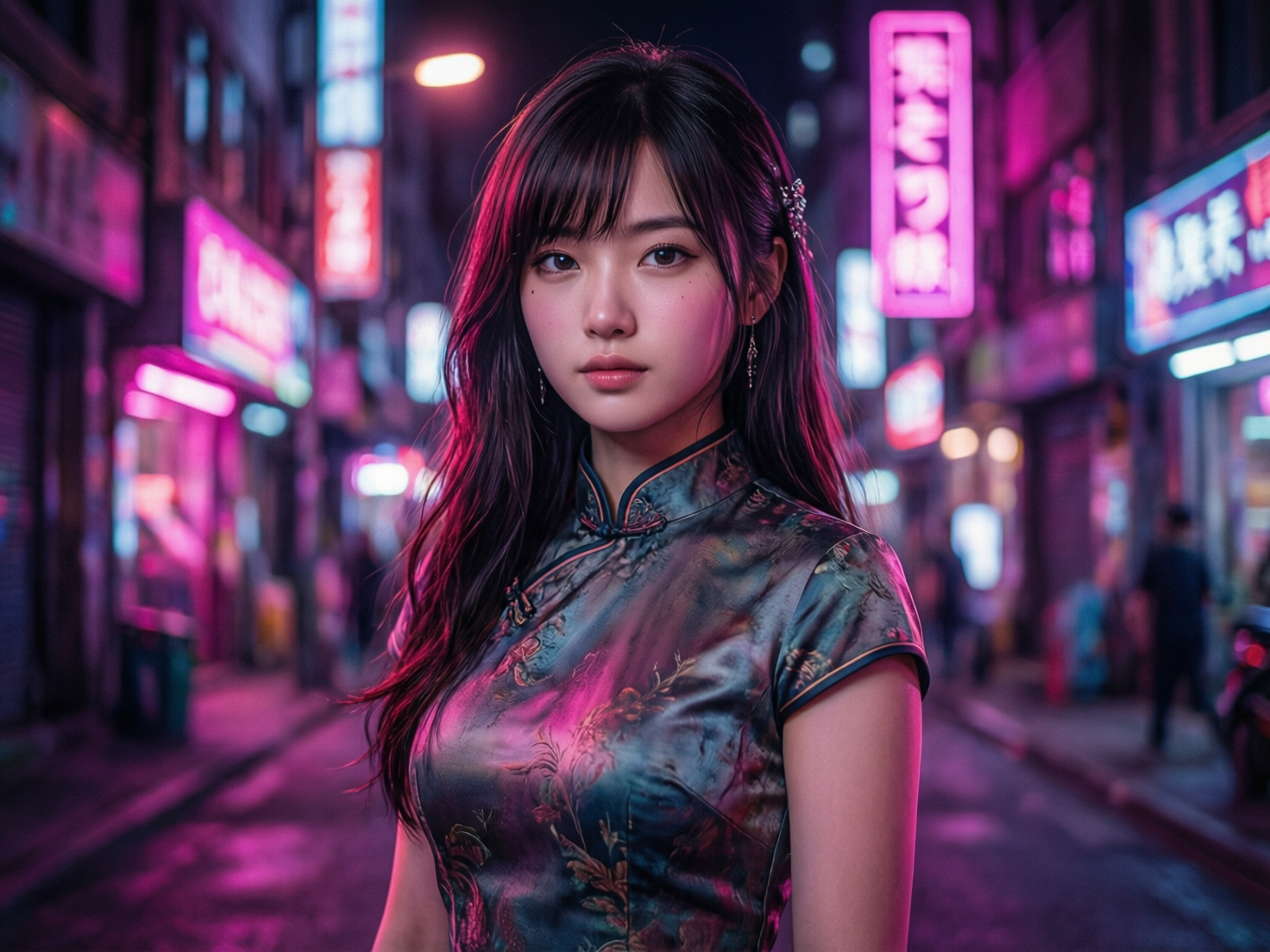 图中展示了一位年轻的东亚女性，她站在一条充满赛博朋克风格的夜晚街道中央。她留着深色长发，带有空气刘海，面容清秀，正平静地直视镜头。她穿着一件深色调、带有暗金花纹的改良版旗袍，衣服表面反射着周围绚丽的霓虹灯光。背景是一个虚化的城市巷弄，两侧挂满了粉色、紫色和蓝色的霓虹灯招牌，地面因潮湿而倒映着灯光，营造出一种迷幻且现代的氛围。

在 AI 生成的细节方面，画面存在一些典型的技术瑕疵：背景中的霓虹灯招牌文字均为模糊且不可辨认的乱码，缺乏真实的文字逻辑。女性右侧耳边的发饰结构略显模糊，与头发的融合不够自然。此外，背景中远处的行人人影边缘处理较为生硬，且左侧建筑的透视线条在深处略显扭曲。尽管如此，整体画面的色彩饱和度极高，光影对比强烈，视觉冲击力较强。